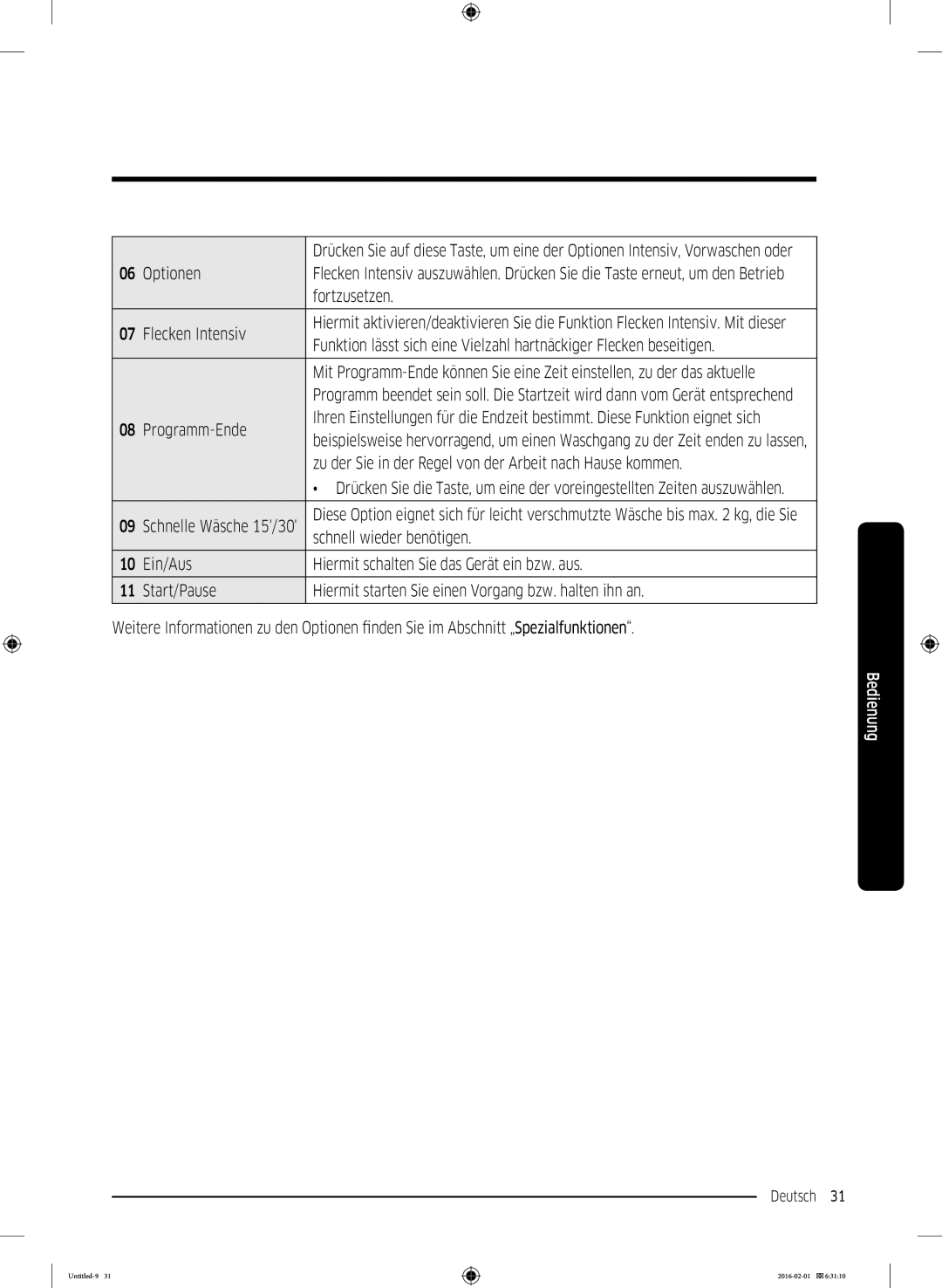 Samsung WW90K5400UW/EG, WW8EK5400UW/EG Optionen, Fortzusetzen, Flecken Intensiv, Programm-Ende, Schnell wieder benötigen 