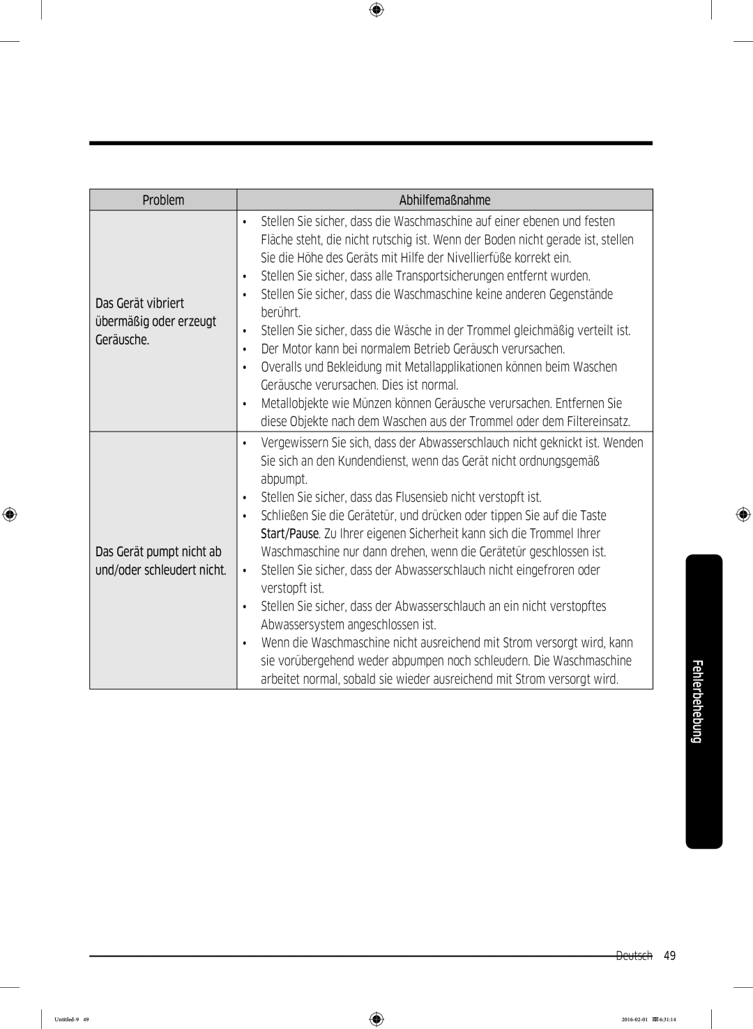 Samsung WW8EK5400UW/EG Problem Abhilfemaßnahme, Das Gerät vibriert, Berührt, Übermäßig oder erzeugt, Geräusche, Abpumpt 