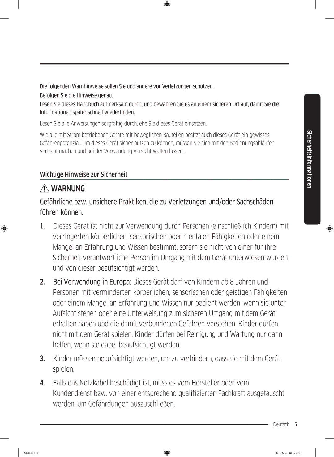 Samsung WW80K5400WW/EG, WW8EK5400UW/EG, WW80K5400UW/EG, WW70K5400UW/EG manual Warnung, Wichtige Hinweise zur Sicherheit 