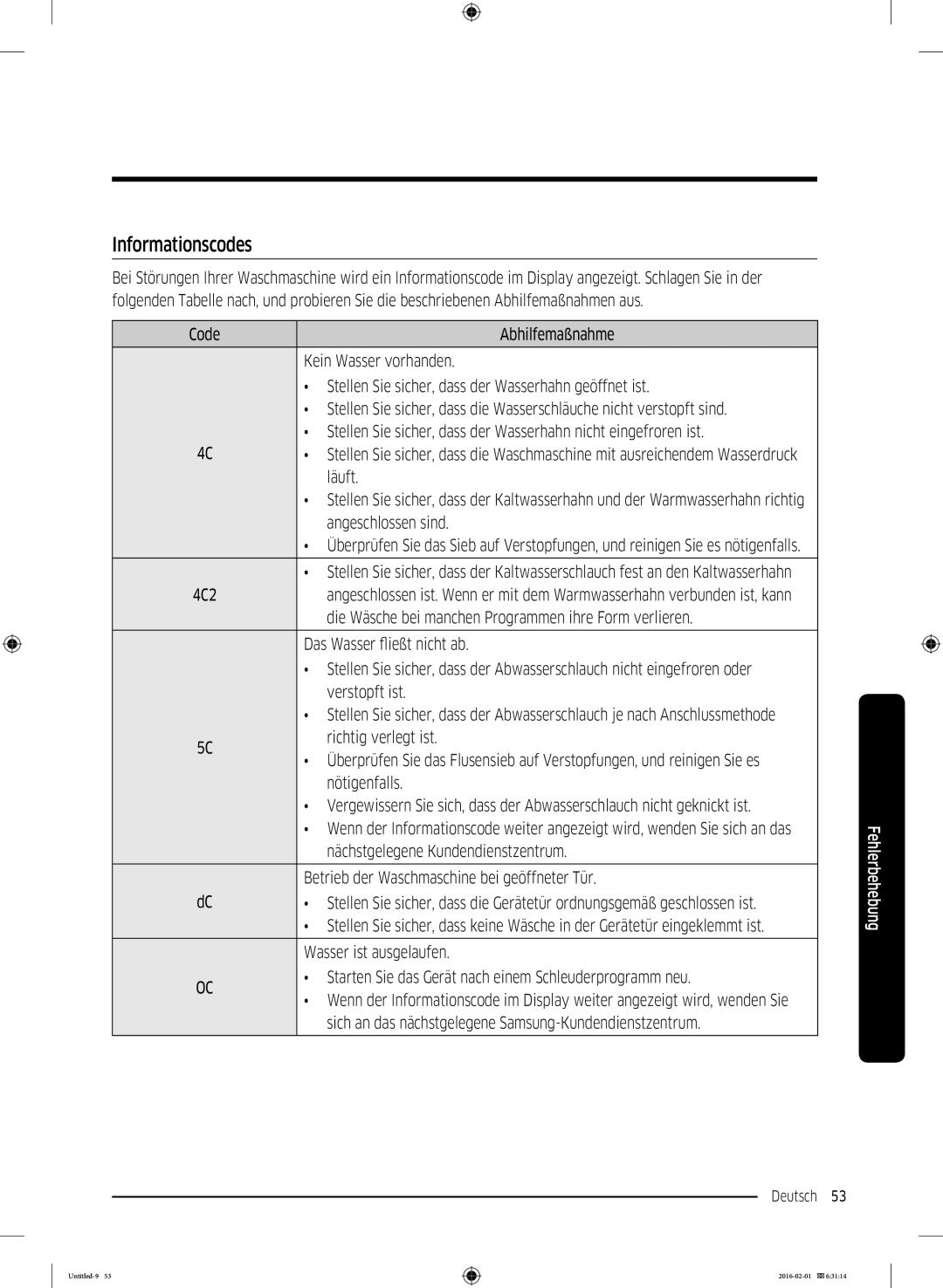 Samsung WW8TK5400UW/EG, WW8EK5400UW/EG, WW80K5400UW/EG, WW70K5400UW/EG, WW90K5400UW/EG, WW80K5400WW/EG manual Informationscodes 