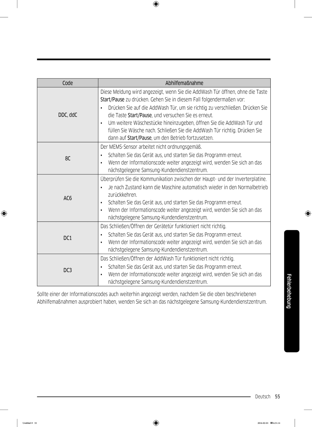 Samsung WW70K5400WW/EG manual Code Abhilfemaßnahme, Die Taste Start/Pause, und versuchen Sie es erneut, Zurückkehren 