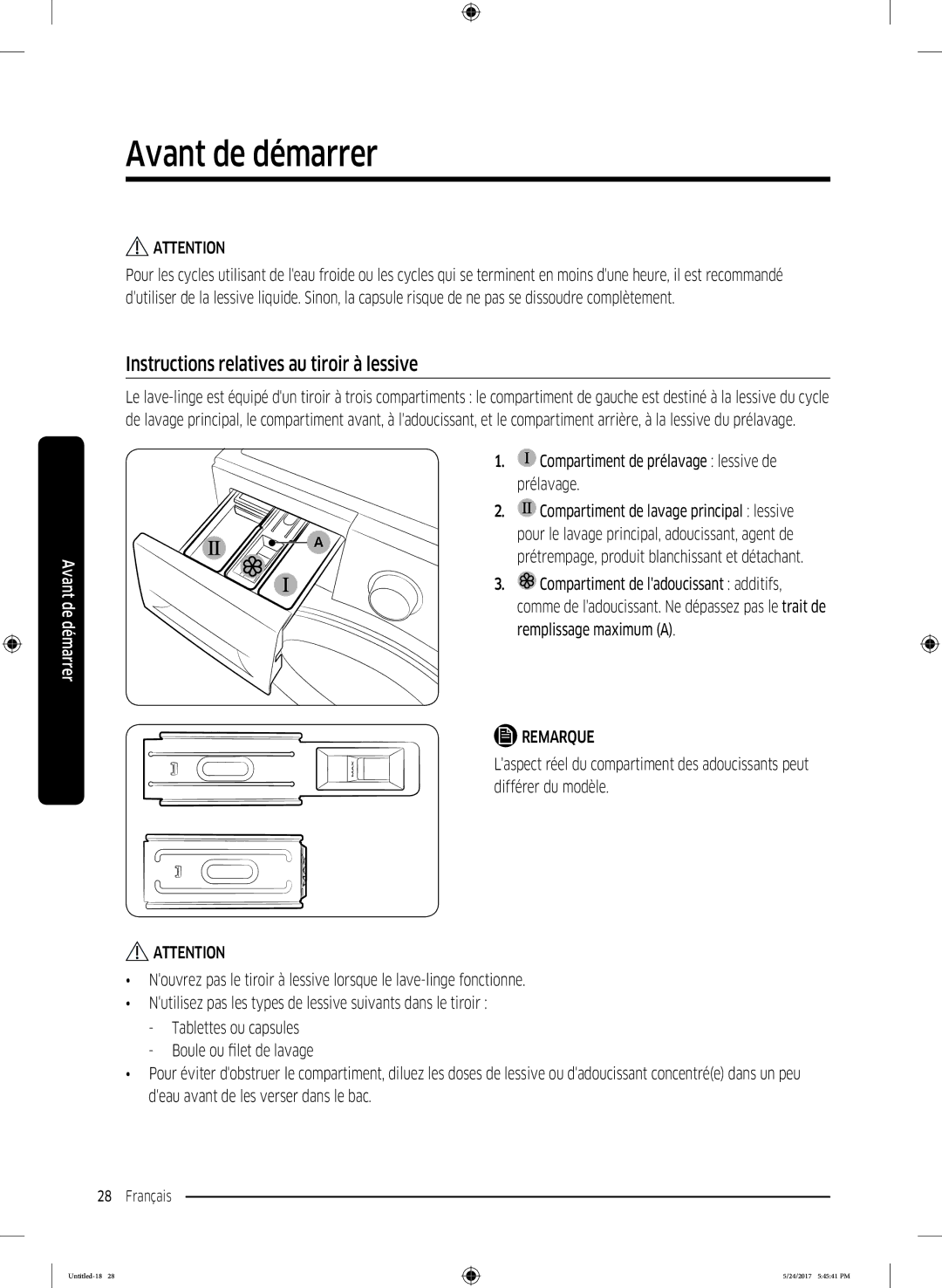 Samsung WW80K6414QW/EF, WW8EK6415SW/EF, WW90K6414QW/EF manual Instructions relatives au tiroir à lessive, Prélavage 