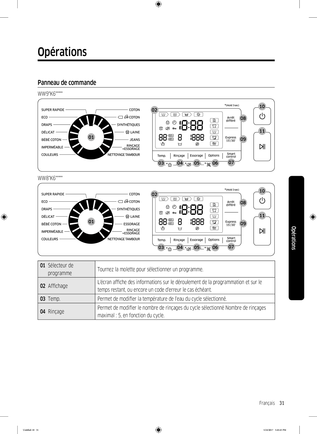 Samsung WW80K6414QW/EF, WW8EK6415SW/EF, WW90K6414QW/EF manual Opérations, Panneau de commande 