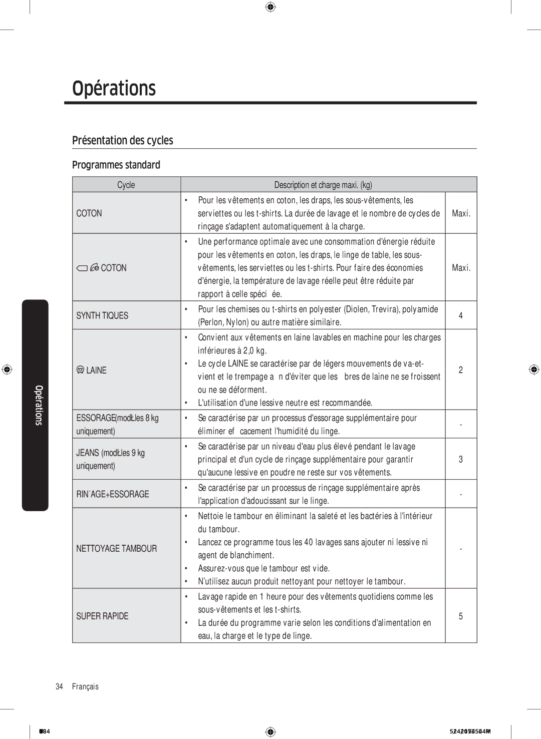 Samsung WW80K6414QW/EF, WW8EK6415SW/EF, WW90K6414QW/EF manual Présentation des cycles, Programmes standard 