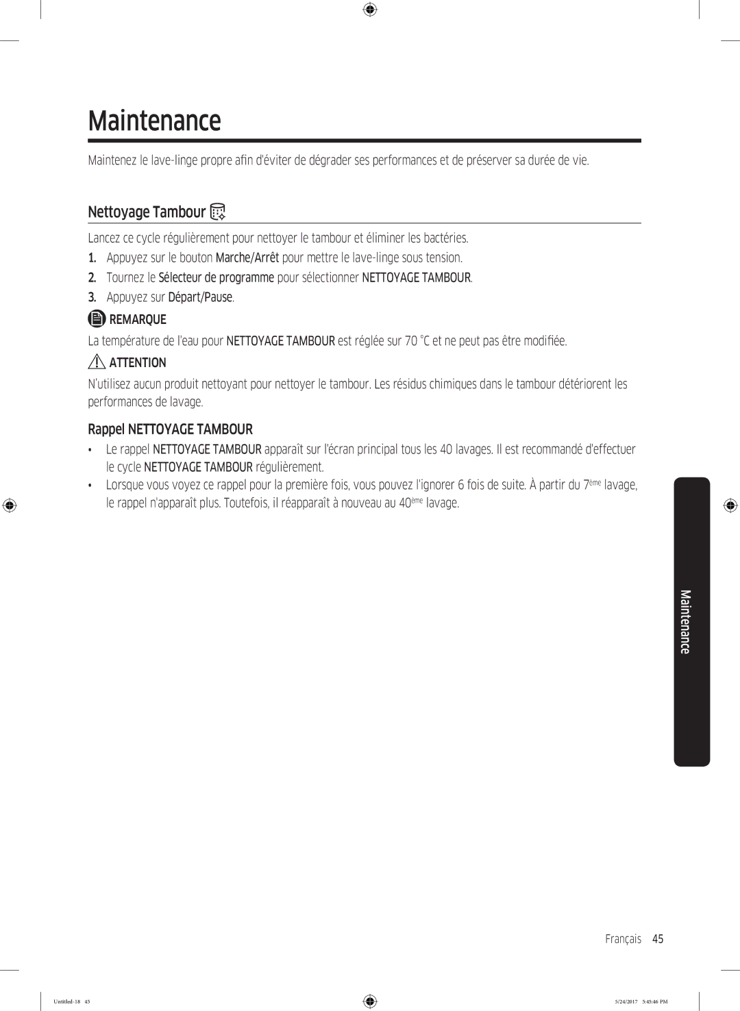 Samsung WW8EK6415SW/EF, WW80K6414QW/EF, WW90K6414QW/EF manual Maintenance, Rappel Nettoyage Tambour 