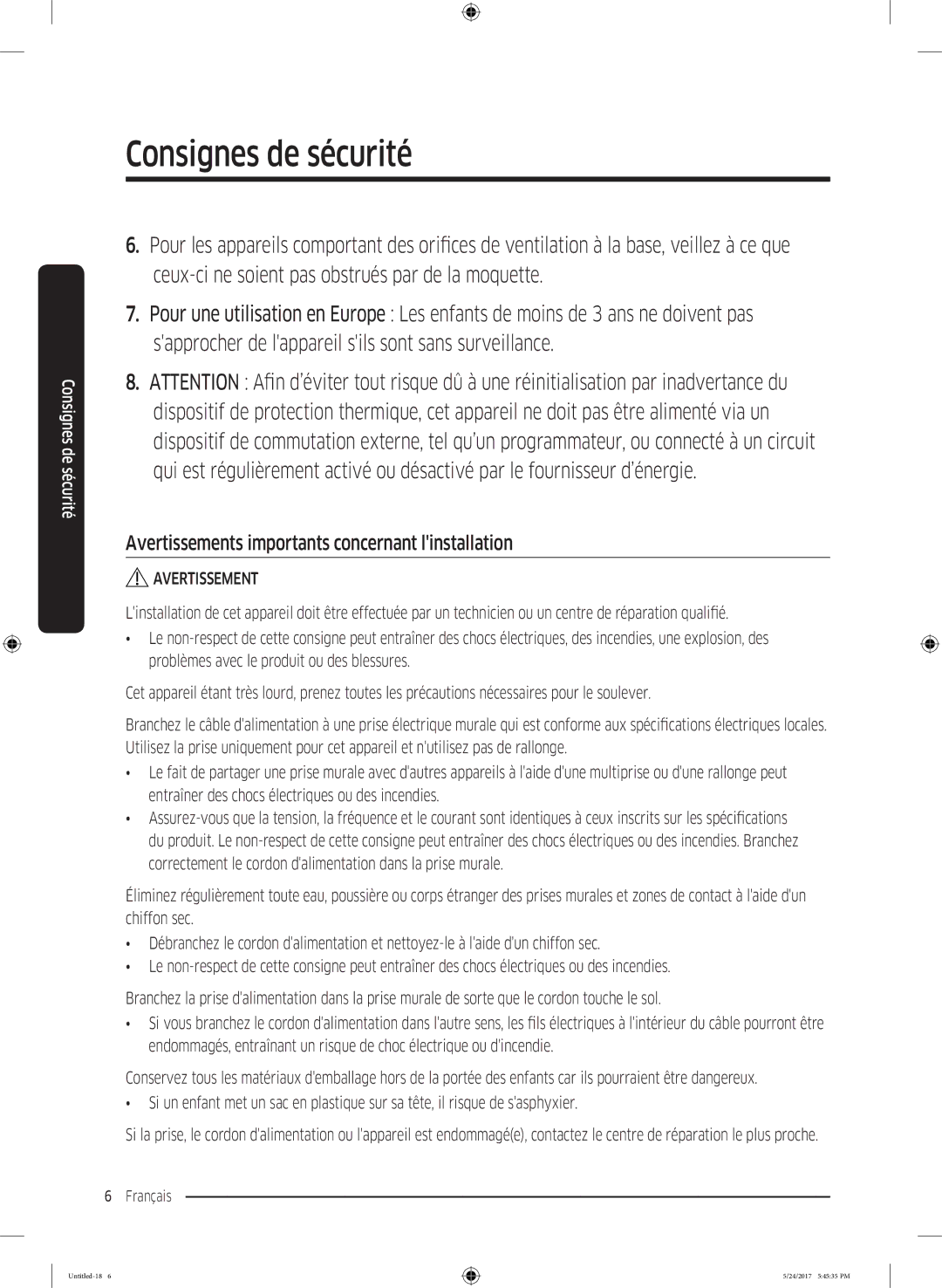 Samsung WW8EK6415SW/EF, WW80K6414QW/EF, WW90K6414QW/EF manual Avertissements importants concernant linstallation 