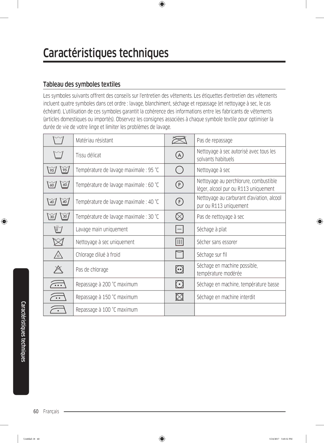 Samsung WW8EK6415SW/EF, WW80K6414QW/EF, WW90K6414QW/EF manual Caractéristiques techniques, Tableau des symboles textiles 