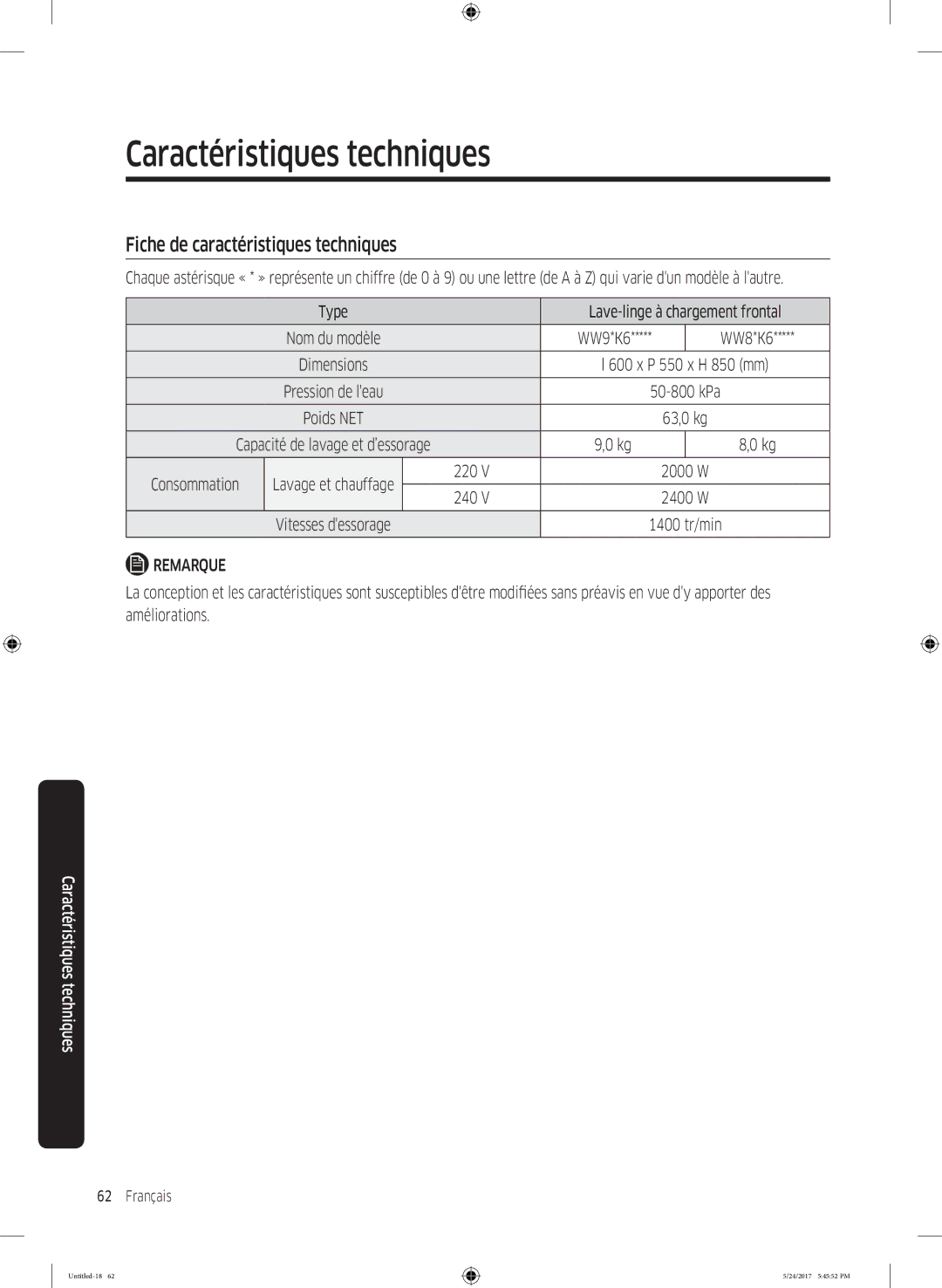 Samsung WW90K6414QW/EF, WW8EK6415SW/EF, WW80K6414QW/EF manual Fiche de caractéristiques techniques, Consommation, 220, 240 