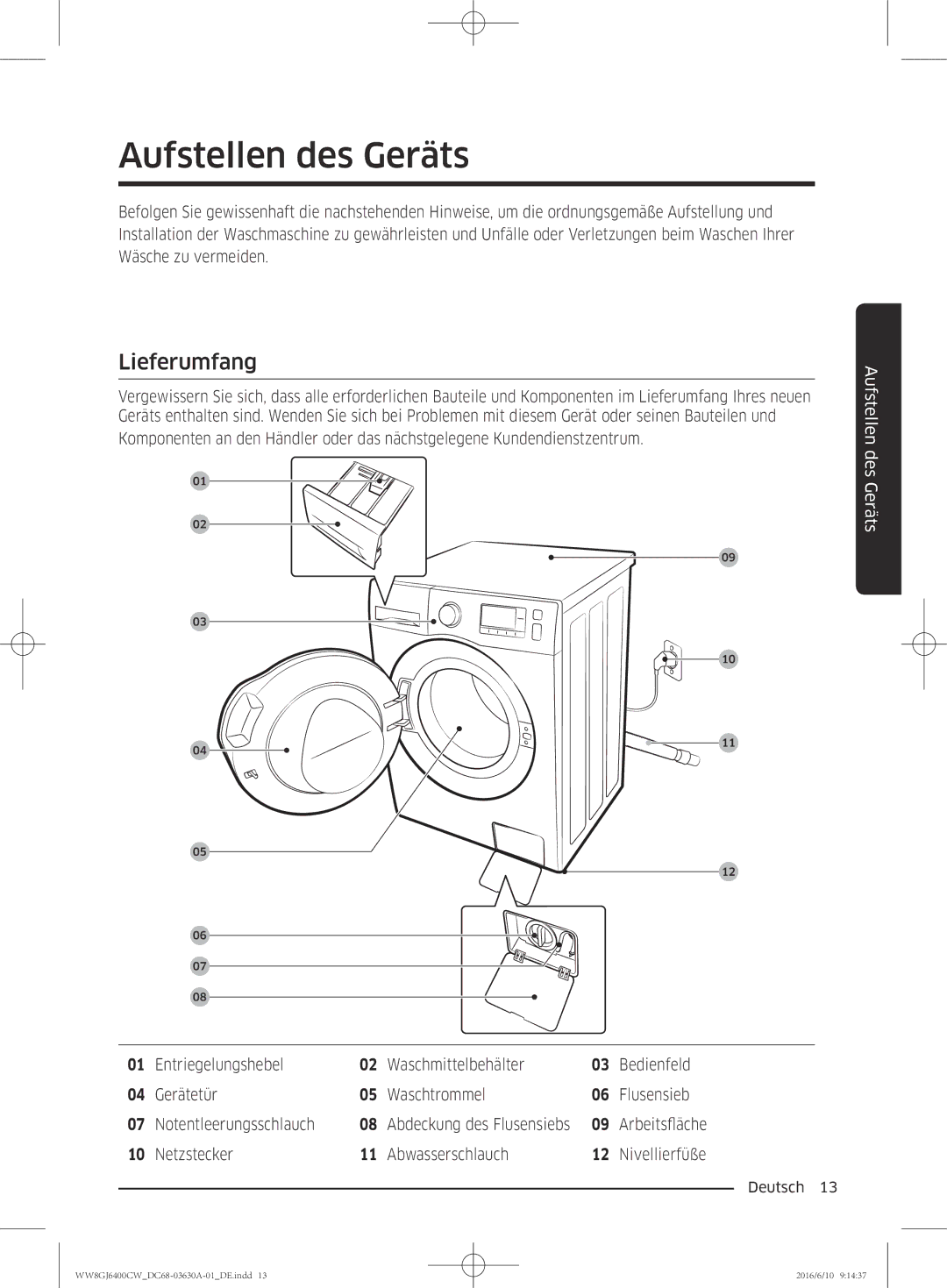 Samsung WW8GJ6400CW/EG manual Aufstellen des Geräts, Lieferumfang 