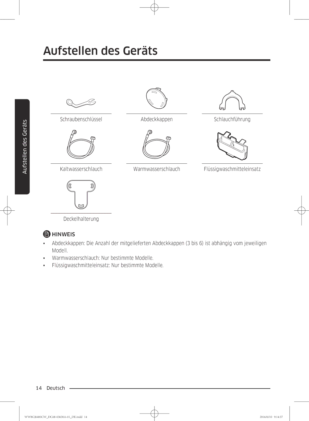 Samsung WW8GJ6400CW/EG manual Schraubenschlüssel Abdeckkappen, Kaltwasserschlauch Warmwasserschlauch, Deckelhalterung 