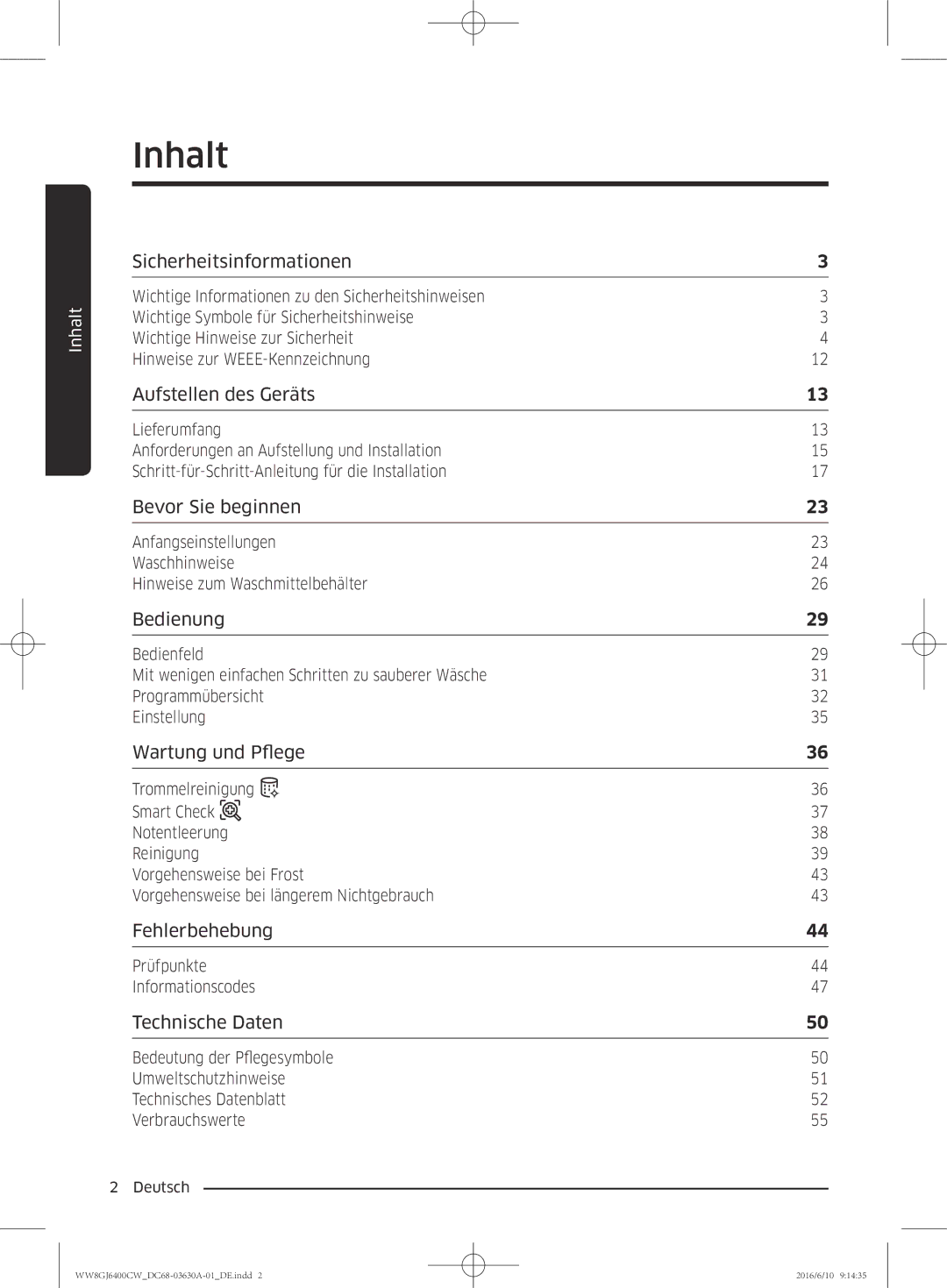 Samsung WW8GJ6400CW/EG manual Inhalt, Hinweise zur WEEE-Kennzeichnung, Prüfpunkte Informationscodes 