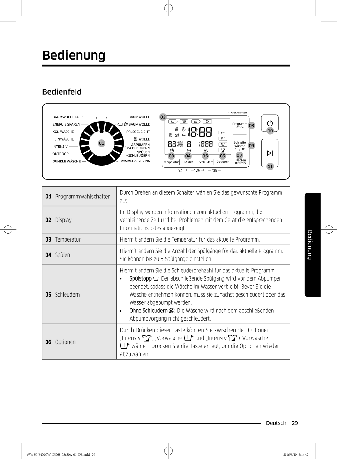 Samsung WW8GJ6400CW/EG manual Bedienung, Bedienfeld 