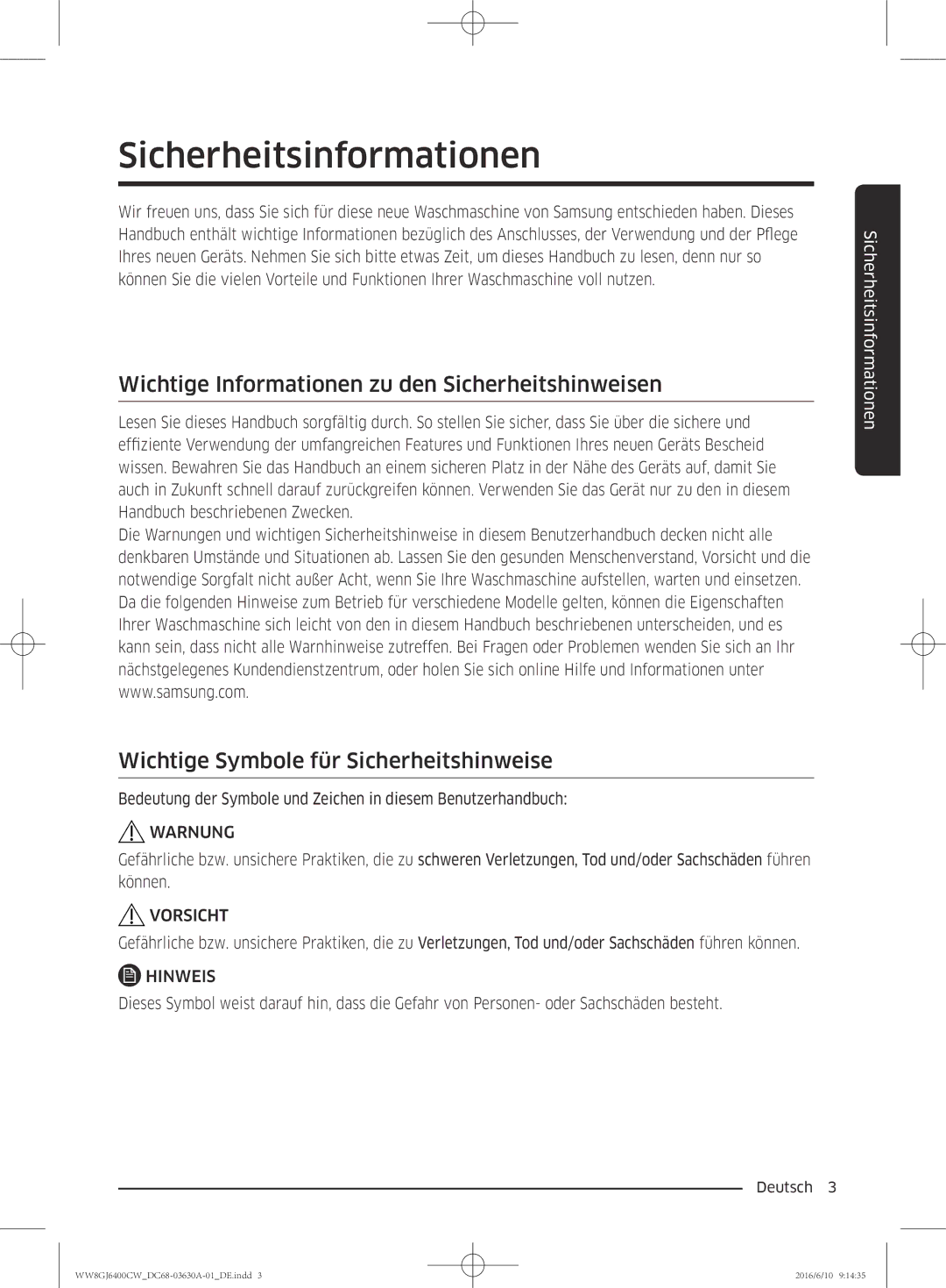 Samsung WW8GJ6400CW/EG manual Sicherheitsinformationen, Wichtige Informationen zu den Sicherheitshinweisen 