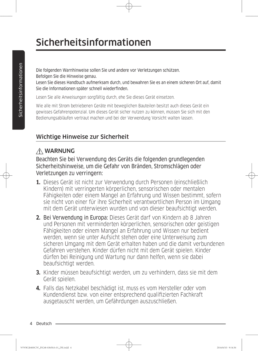 Samsung WW8GJ6400CW/EG manual Wichtige Hinweise zur Sicherheit, Warnung 