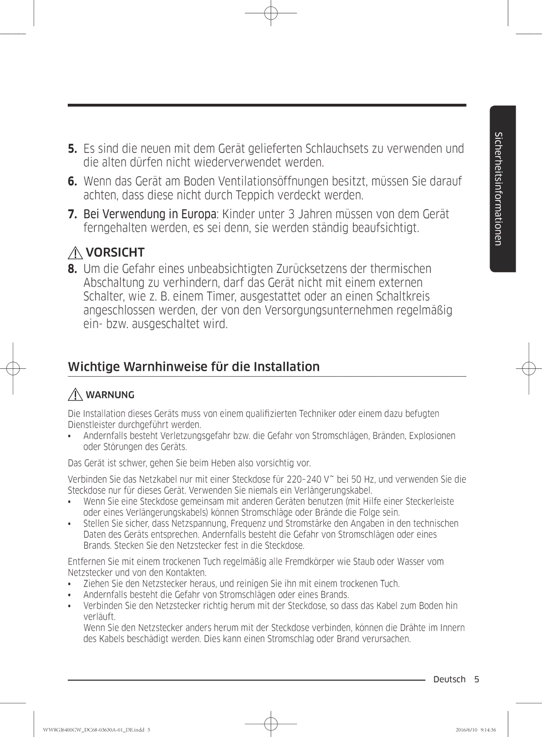 Samsung WW8GJ6400CW/EG manual Vorsicht 