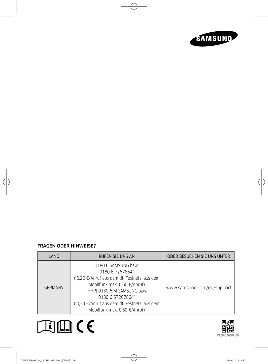 Samsung WW8GJ6400CW/EG manual 0180 6, Mobilfunk max ,60 €/Anruf 