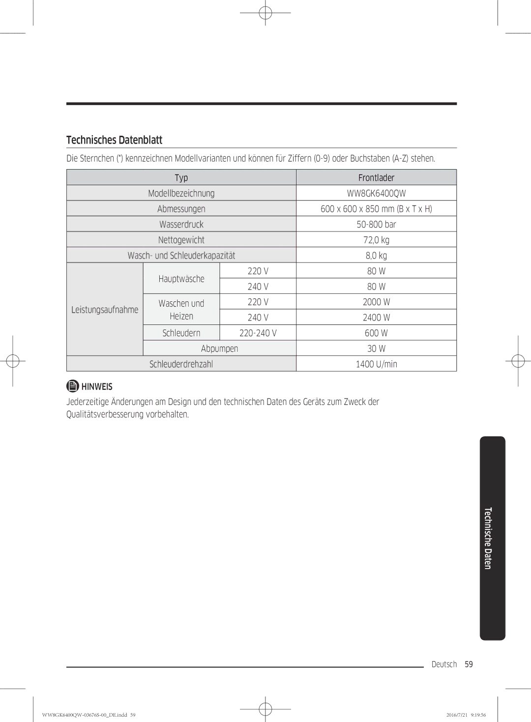 Samsung WW8GK6400QW/EG manual Technisches Datenblatt, Heizen 