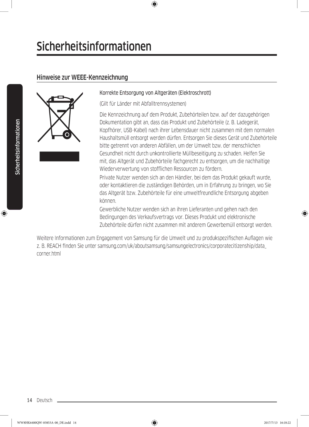 Samsung WW8HK6400QW/EG manual Hinweise zur WEEE-Kennzeichnung 