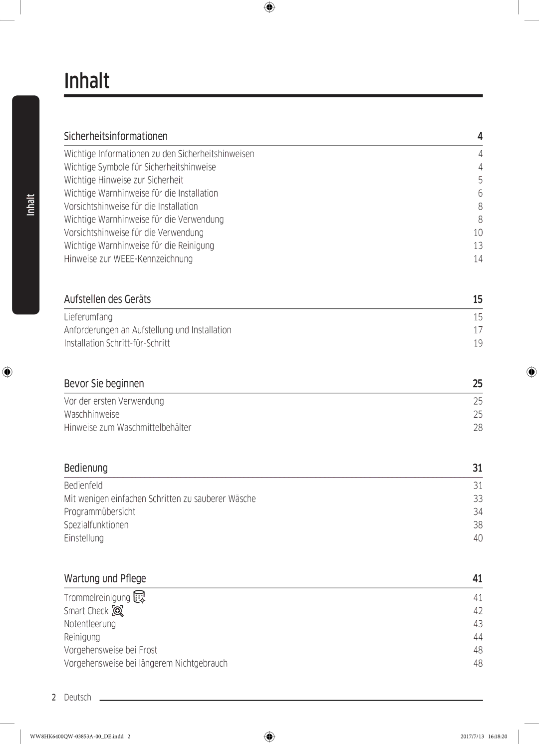 Samsung WW8HK6400QW/EG manual Inhalt 