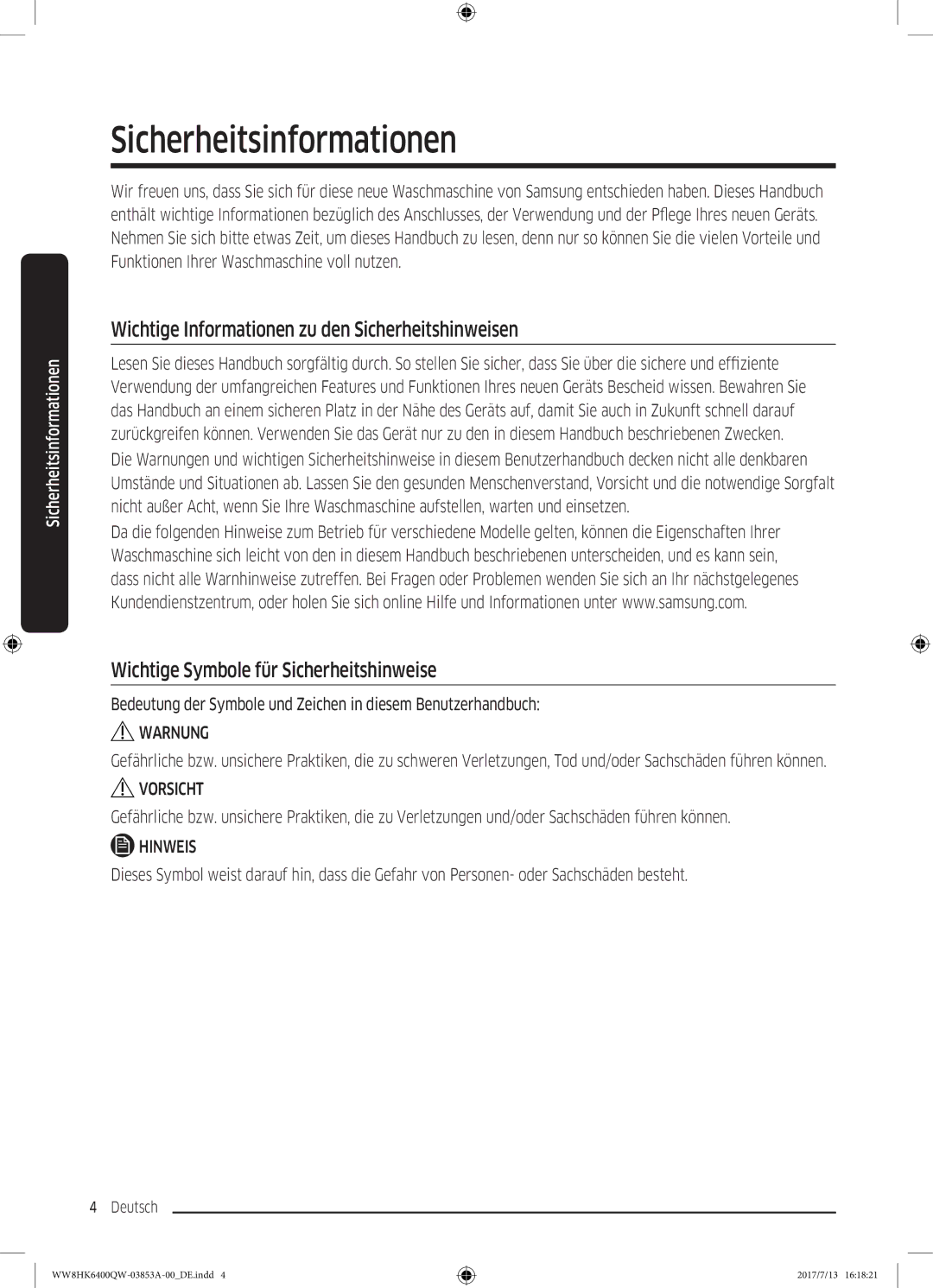 Samsung WW8HK6400QW/EG manual Sicherheitsinformationen, Wichtige Informationen zu den Sicherheitshinweisen 