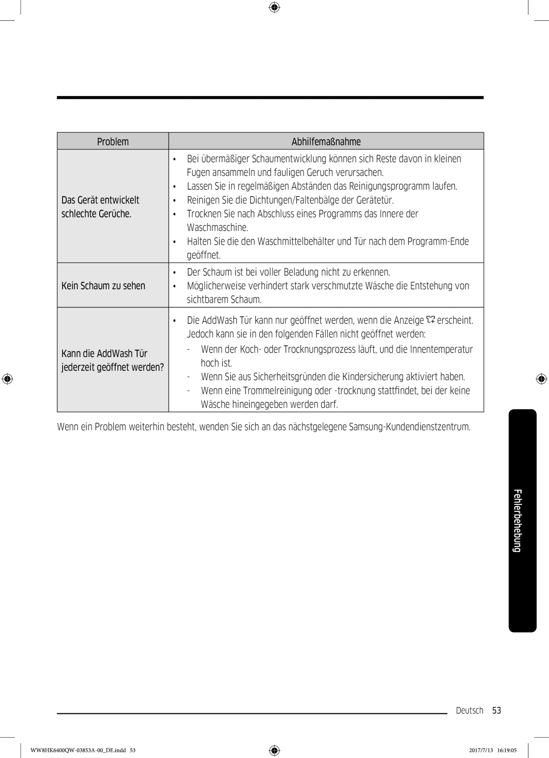 Samsung WW8HK6400QW/EG manual Fugen ansammeln und fauligen Geruch verursachen, Waschmaschine, Sichtbarem Schaum, Erscheint 