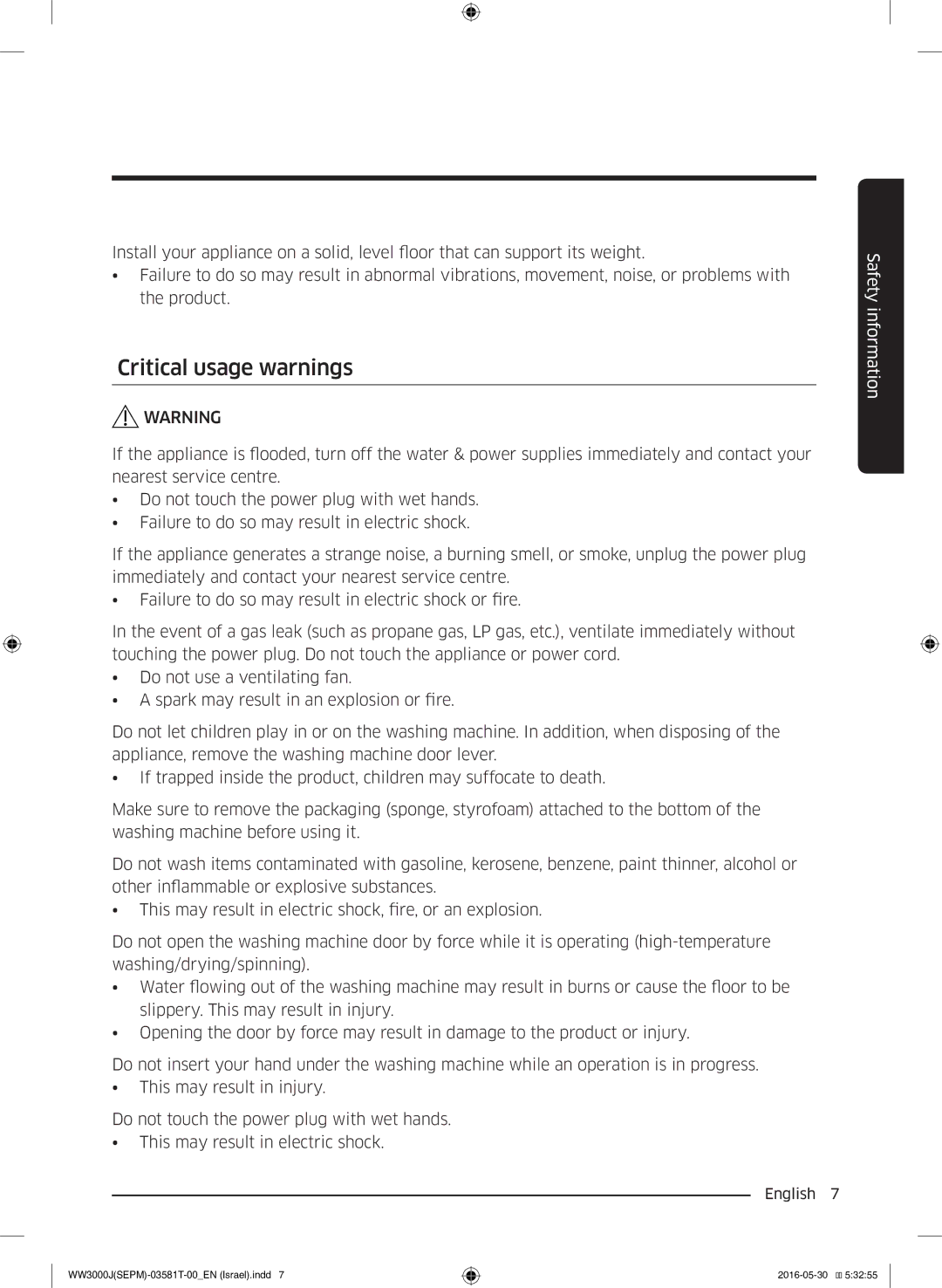 Samsung WW8SJ3283KW/KJ manual Critical usage warnings 