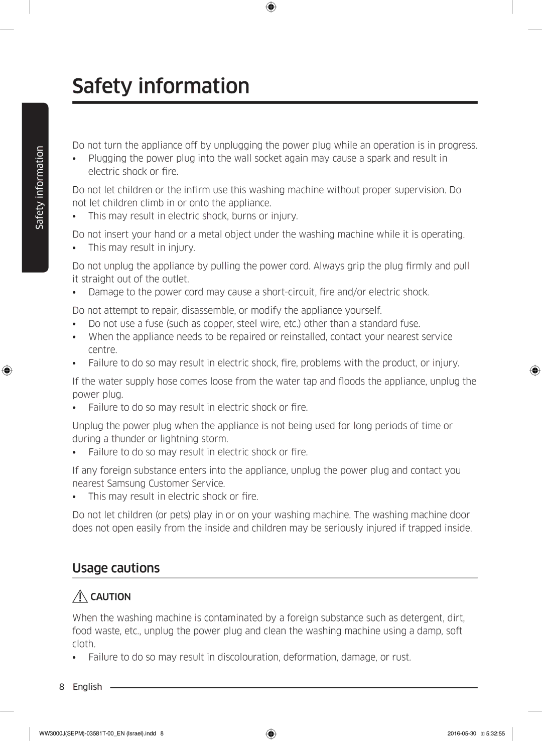 Samsung WW8SJ3283KW/KJ manual Usage cautions 