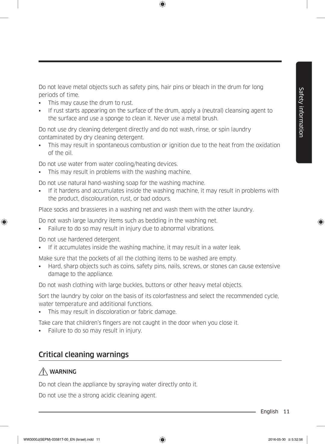 Samsung WW8SJ3283KW/KJ manual Critical cleaning warnings 