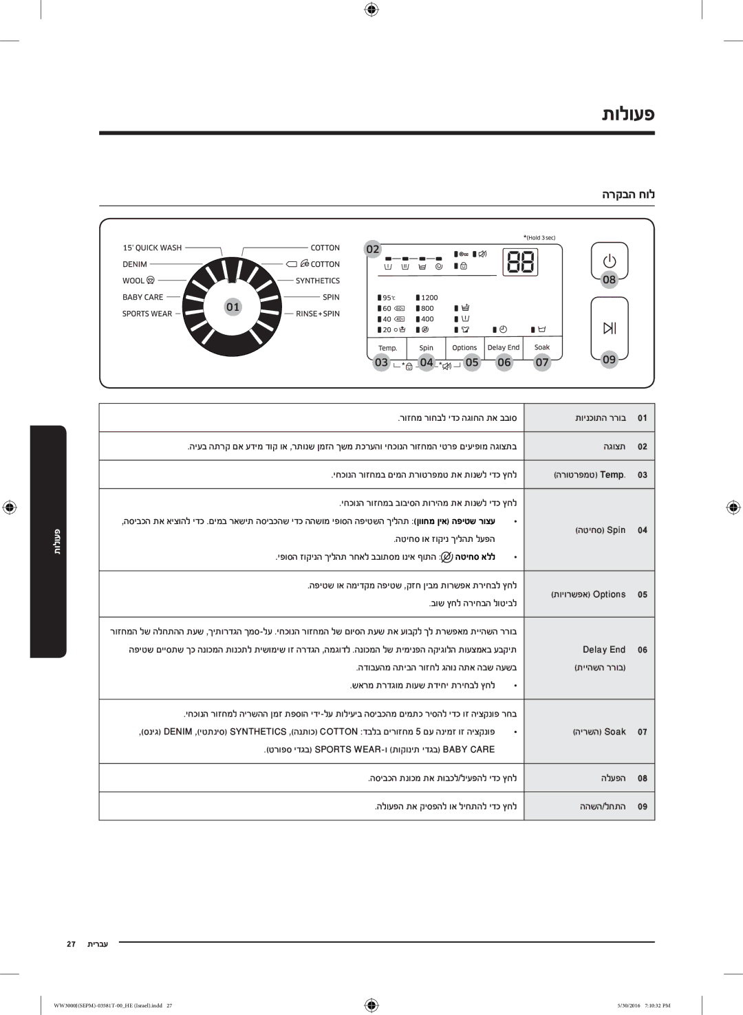 Samsung WW8SJ3283KW/KJ manual תולועפ, הרקבה חול 