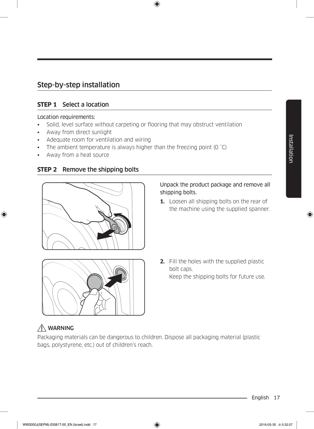 Samsung WW8SJ3283KW/KJ manual Step-by-step installation, Select a location 