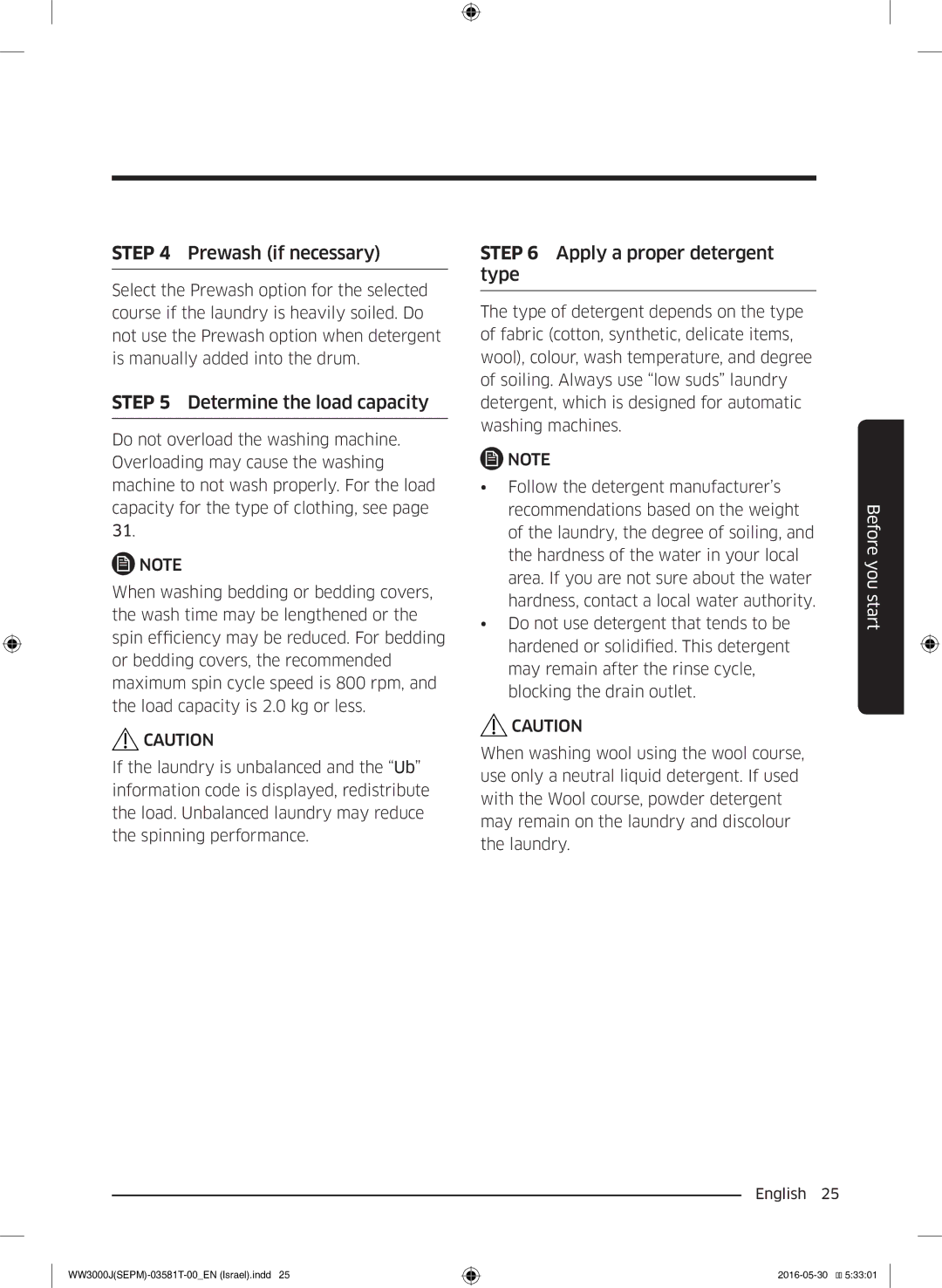 Samsung WW8SJ3283KW/KJ manual Prewash if necessary 