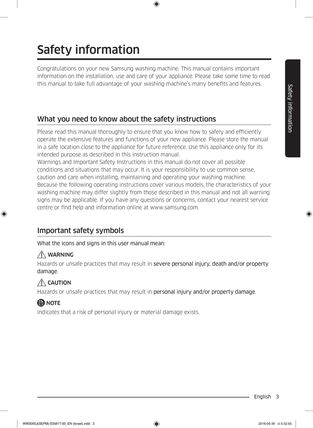 Samsung WW8SJ3283KW/KJ manual Safety information 