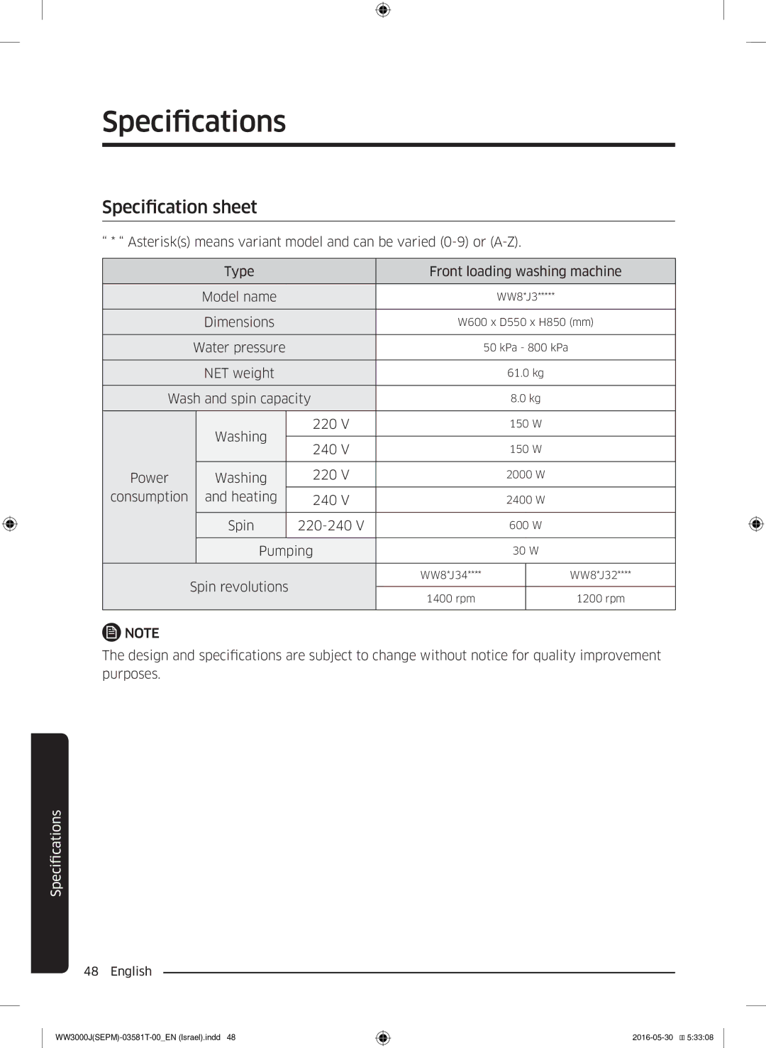 Samsung WW8SJ3283KW/KJ manual Specification sheet 