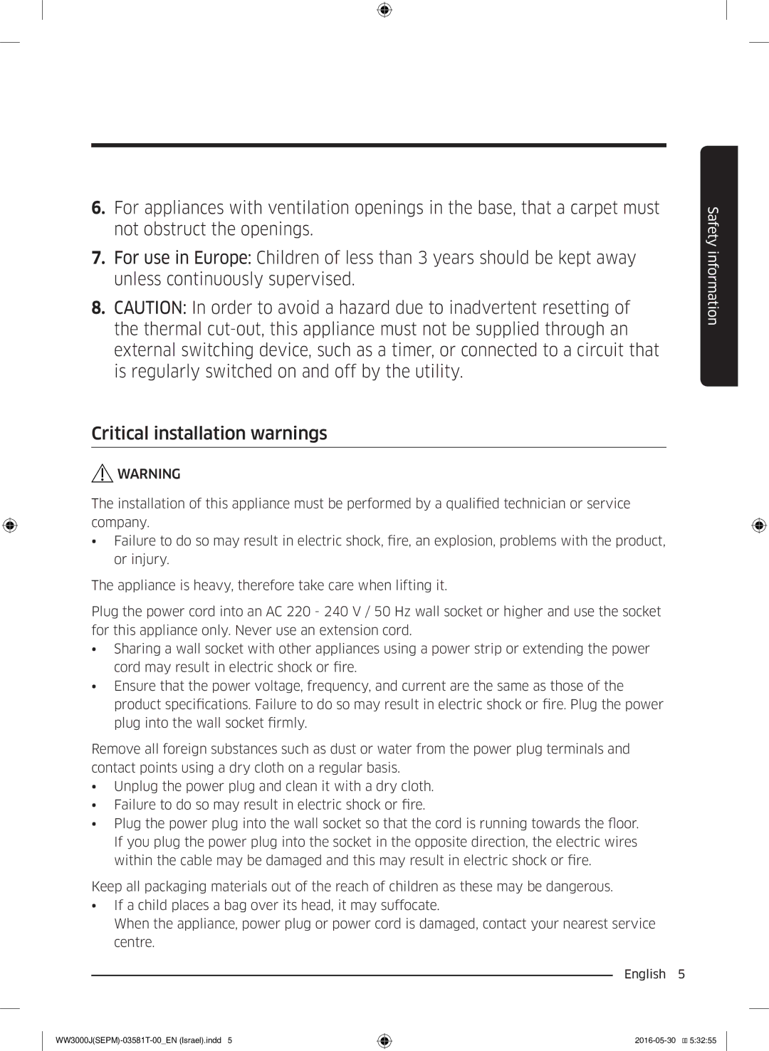 Samsung WW8SJ3283KW/KJ manual Safety information 