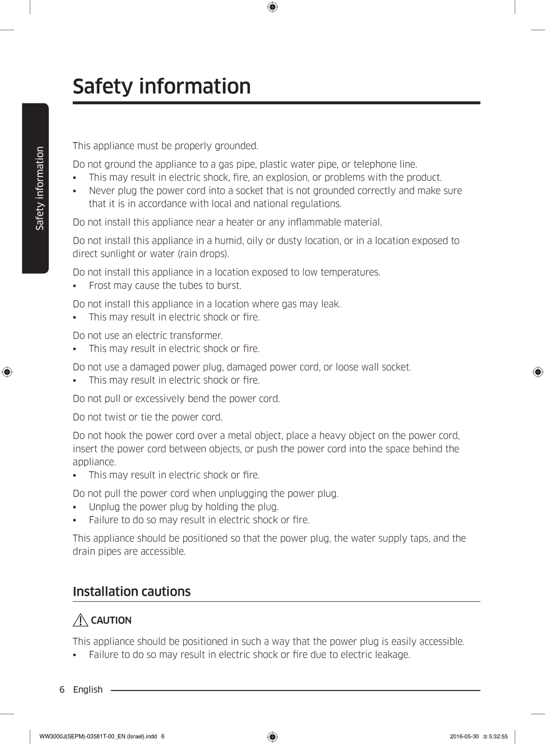 Samsung WW8SJ3283KW/KJ manual Installation cautions 