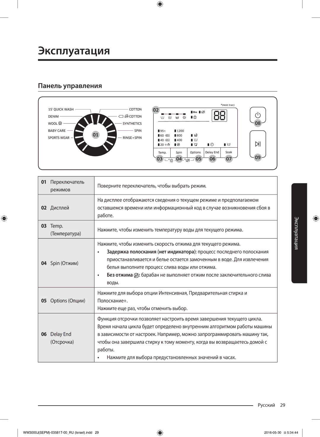 Samsung WW8SJ3283KW/KJ manual Эксплуатация, Панель управления 