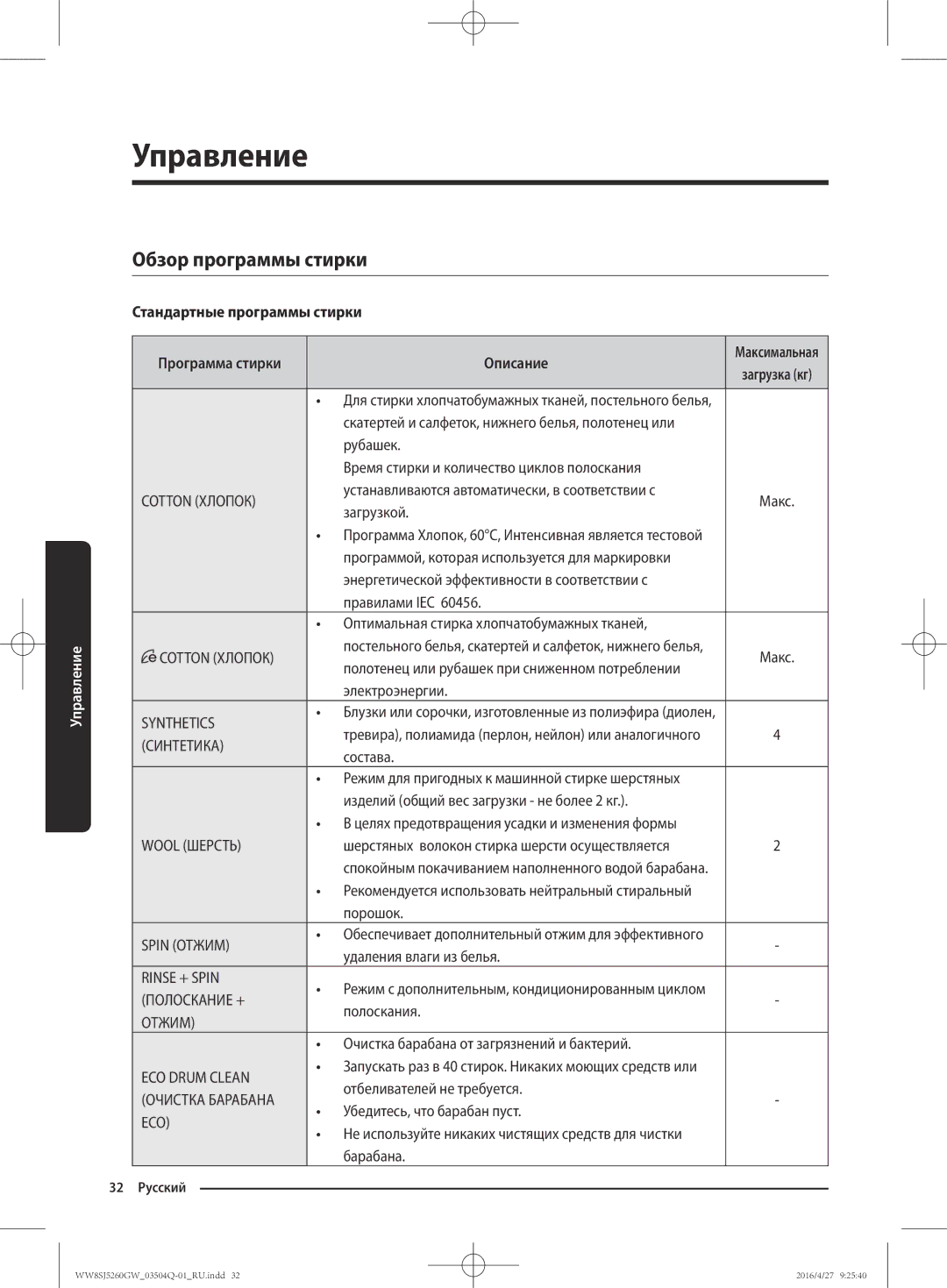 Samsung WW8SJ5260GW/KJ manual Обзор программы стирки, Стандартные программы стирки Программа стирки Описание 