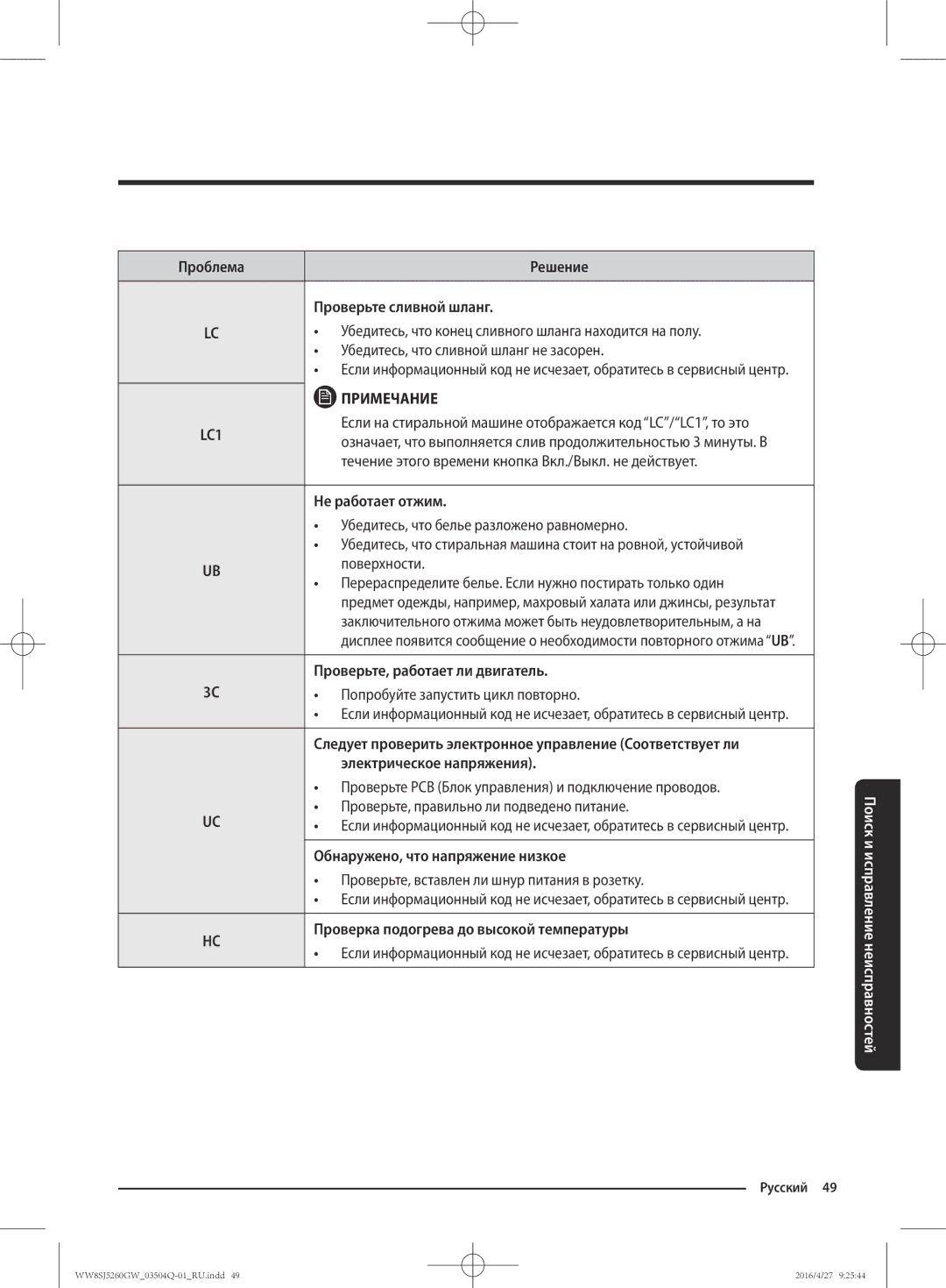 Samsung WW8SJ5260GW/KJ manual Если на стиральной машине отображается код LC/LC1, то это, Обнаружено, что напряжение низкое 