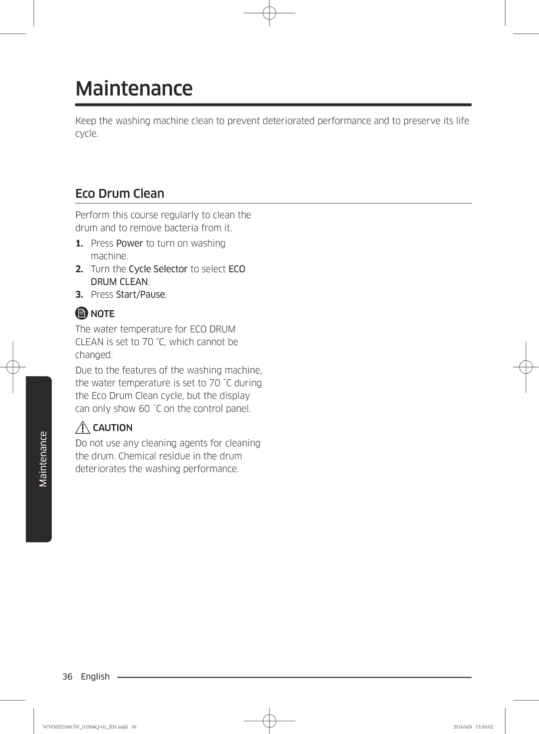 Samsung WW8SJ5260GW/KJ manual Maintenance, Eco Drum Clean 