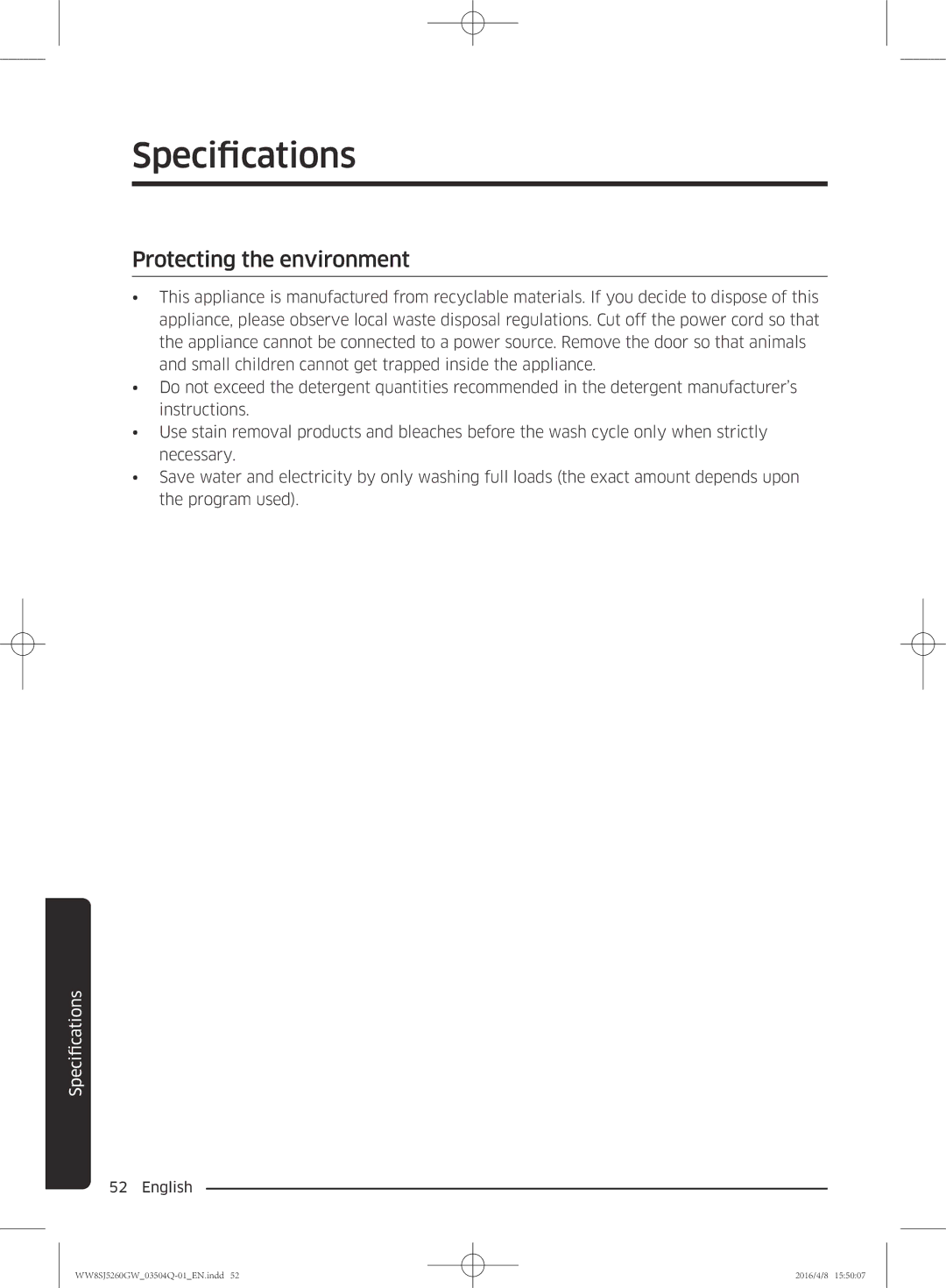 Samsung WW8SJ5260GW/KJ manual Protecting the environment 