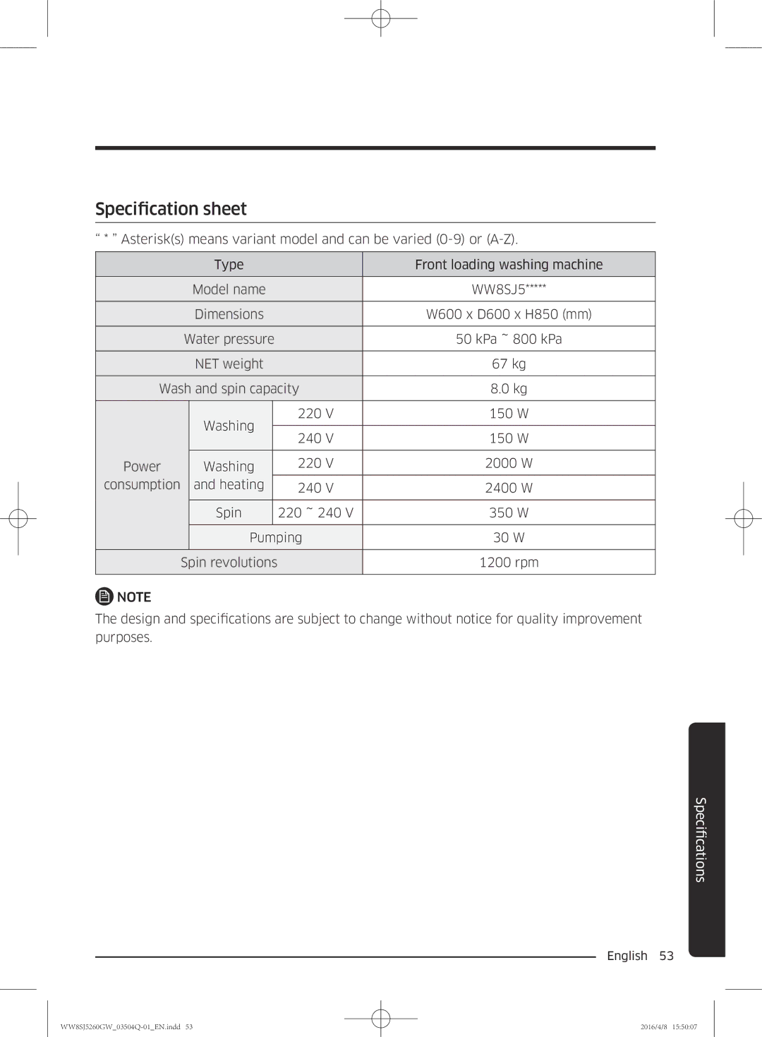 Samsung WW8SJ5260GW/KJ manual Specification sheet 