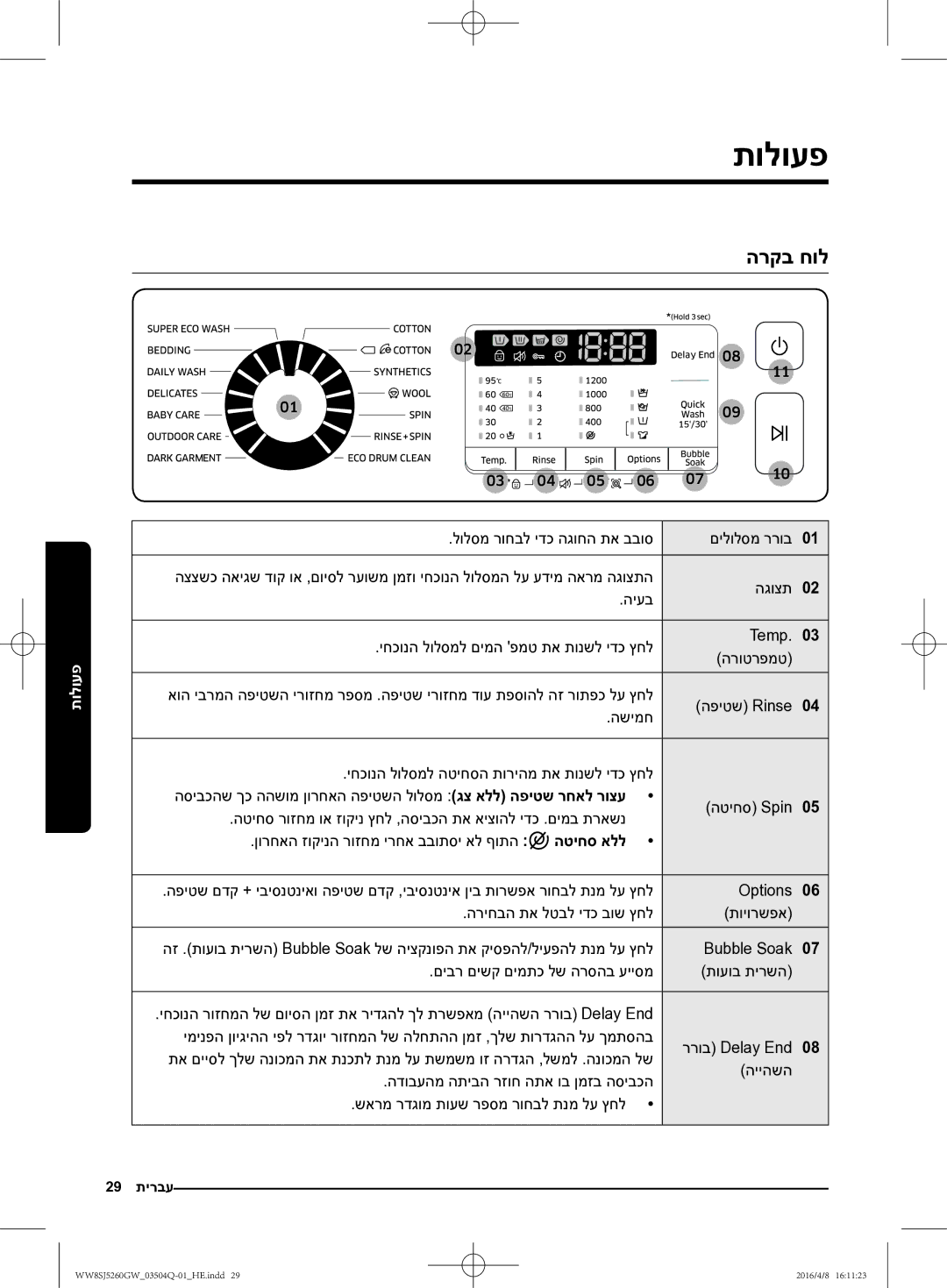 Samsung WW8SJ5260GW/KJ manual תולועפ, הרקב חול, הטיחס אלל 