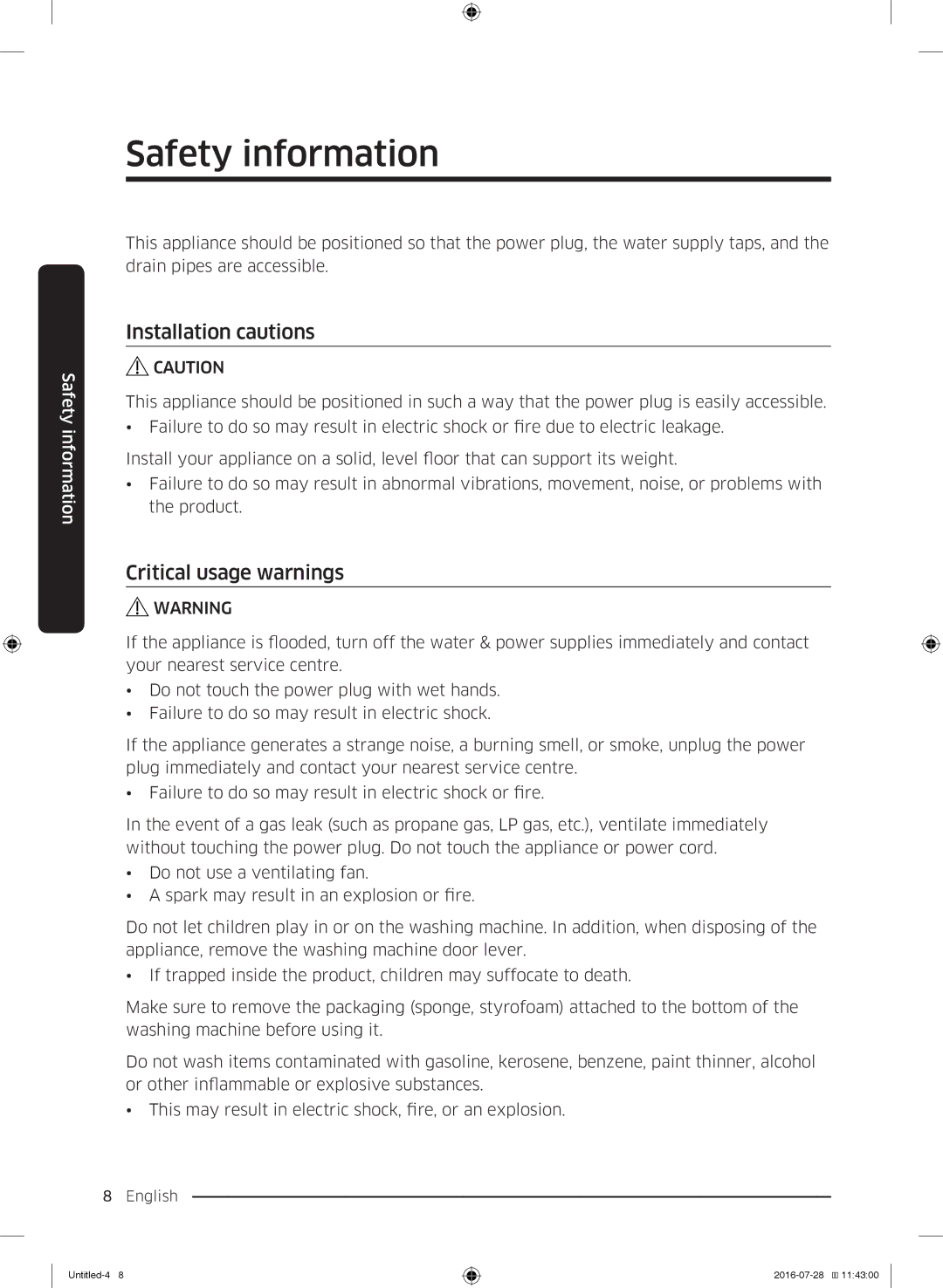 Samsung WW8SK5410UW/KJ, WW90K5410UW/KJ, WW90K5410UW/EU, WW80K5410UW/EU, WW9SK5410UW/KJ manual Installation cautions 