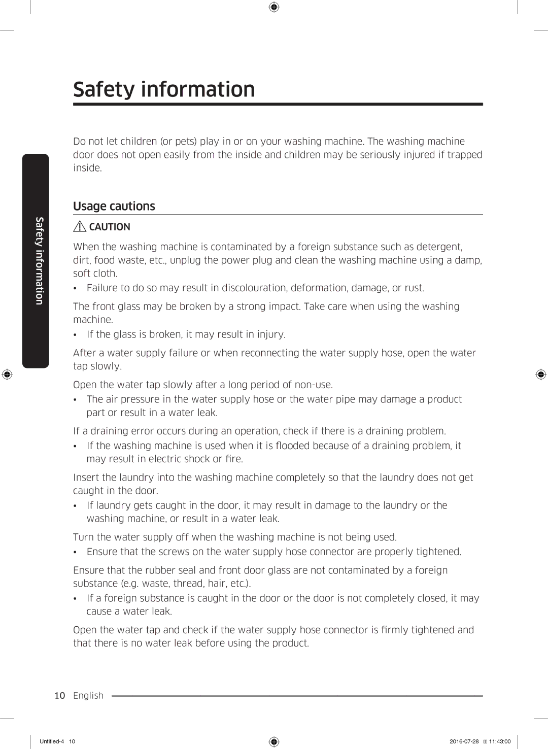 Samsung WW90K5410UW/EU, WW8SK5410UW/KJ, WW90K5410UW/KJ, WW80K5410UW/EU, WW9SK5410UW/KJ manual Usage cautions 