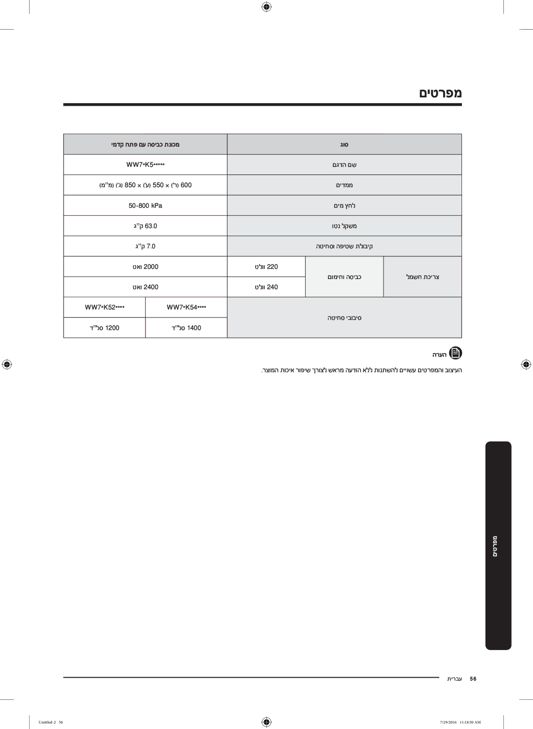 Samsung WW90K5410UW/EU, WW8SK5410UW/KJ, WW90K5410UW/KJ, WW80K5410UW/EU, WW9SK5410UW/KJ manual ימדק חתפ םע הסיבכ תנוכמ גוס, הרעה 