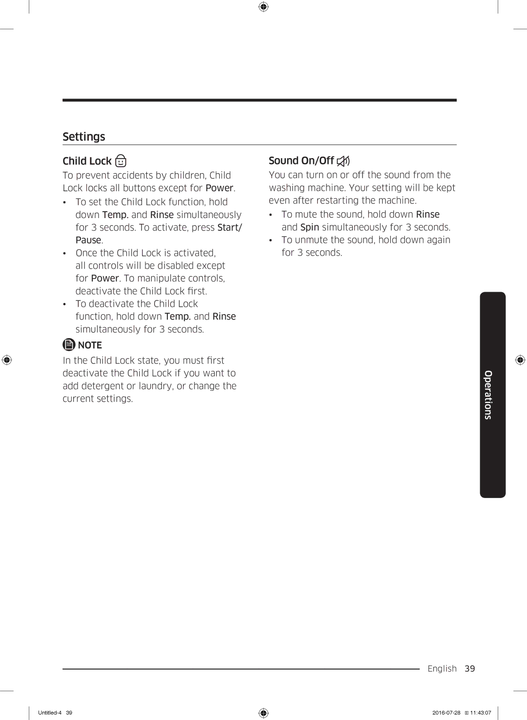 Samsung WW80K5410UW/EU, WW8SK5410UW/KJ, WW90K5410UW/KJ, WW90K5410UW/EU, WW9SK5410UW/KJ Settings, Child Lock, Sound On/Off 