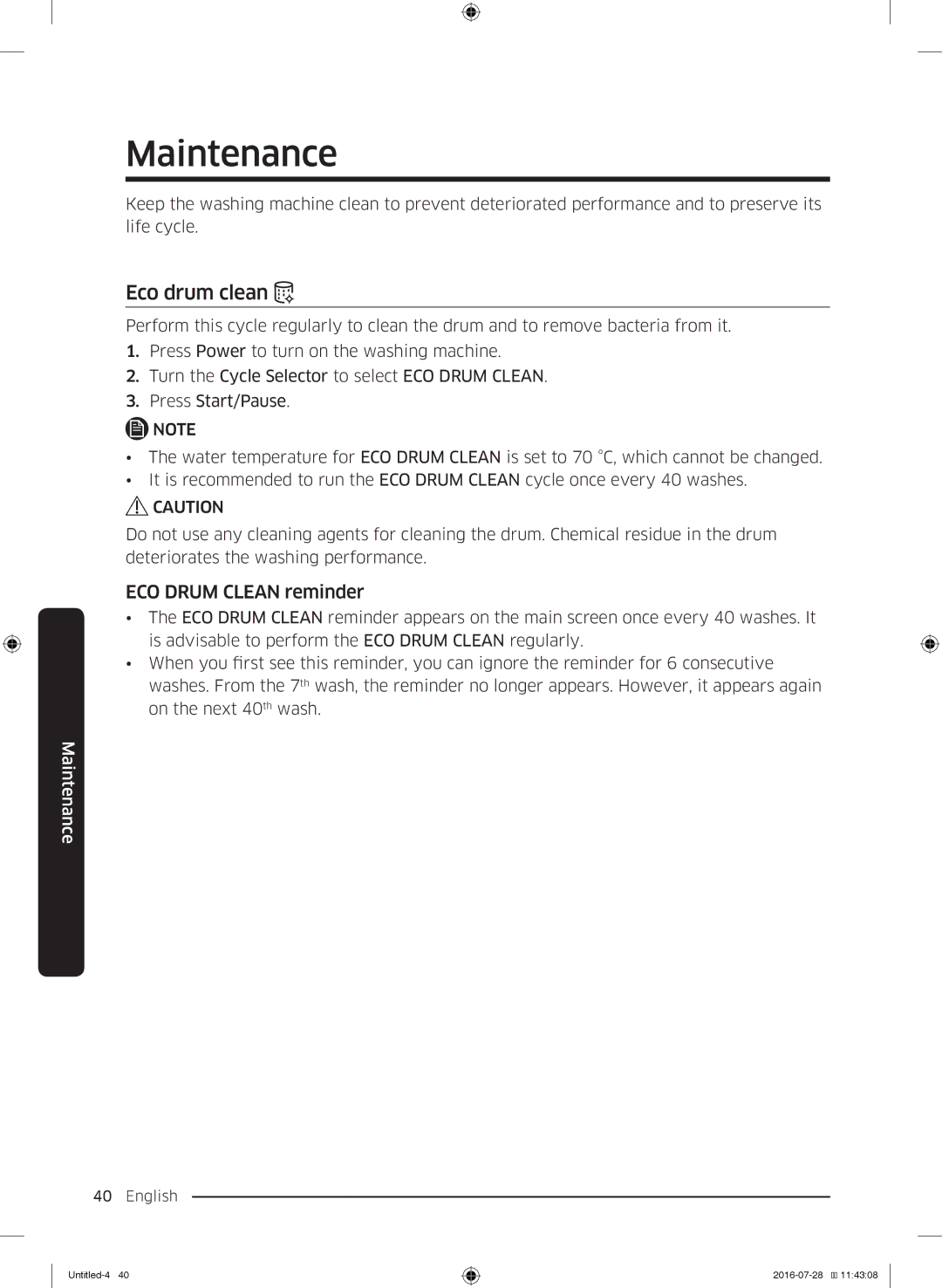 Samsung WW9SK5410UW/KJ, WW8SK5410UW/KJ, WW90K5410UW/KJ, WW90K5410UW/EU manual Eco drum clean, ECO Drum Clean reminder 