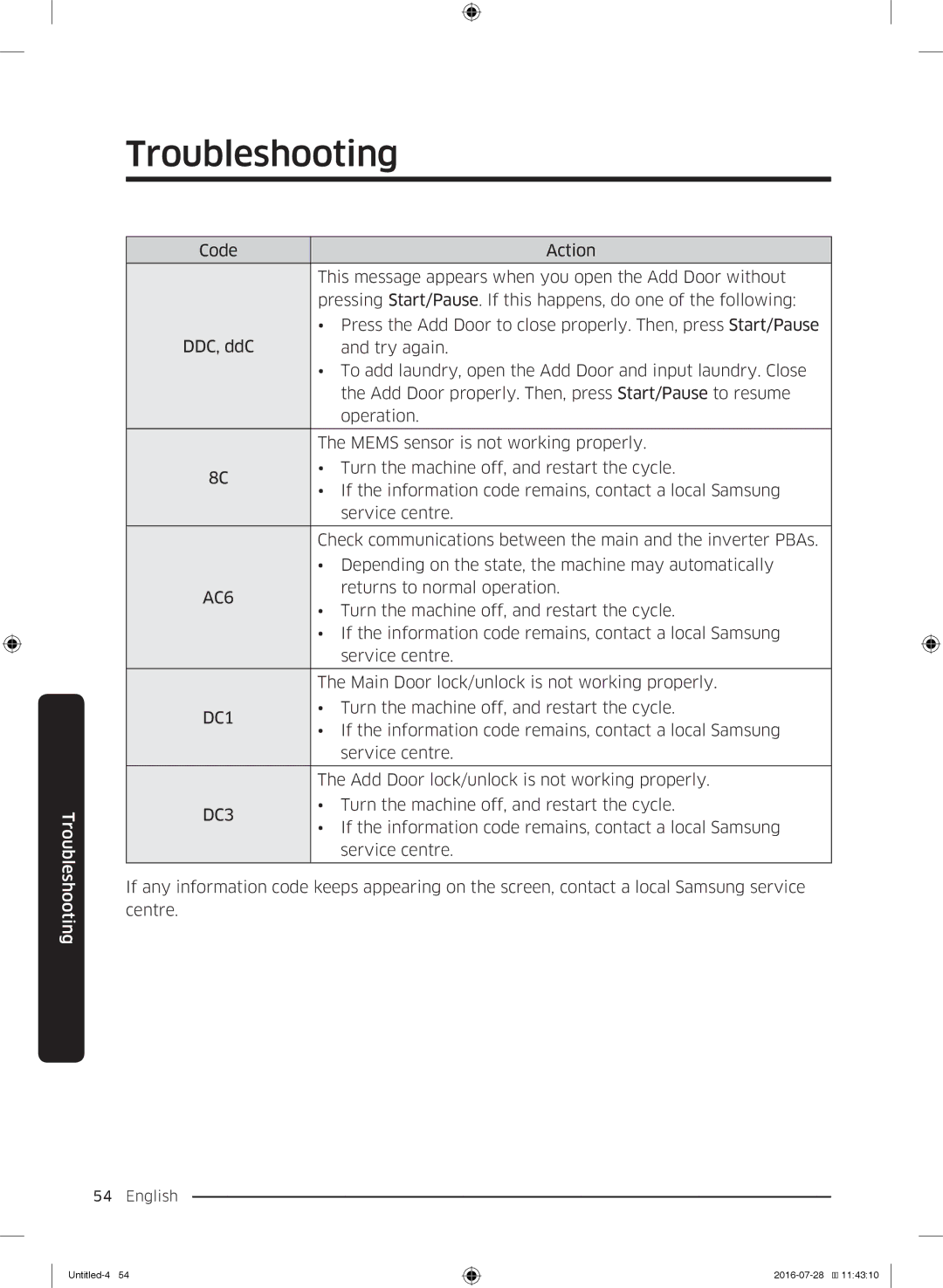 Samsung WW8SK5410UW/KJ, WW90K5410UW/KJ manual Returns to normal operation, Main Door lock/unlock is not working properly 