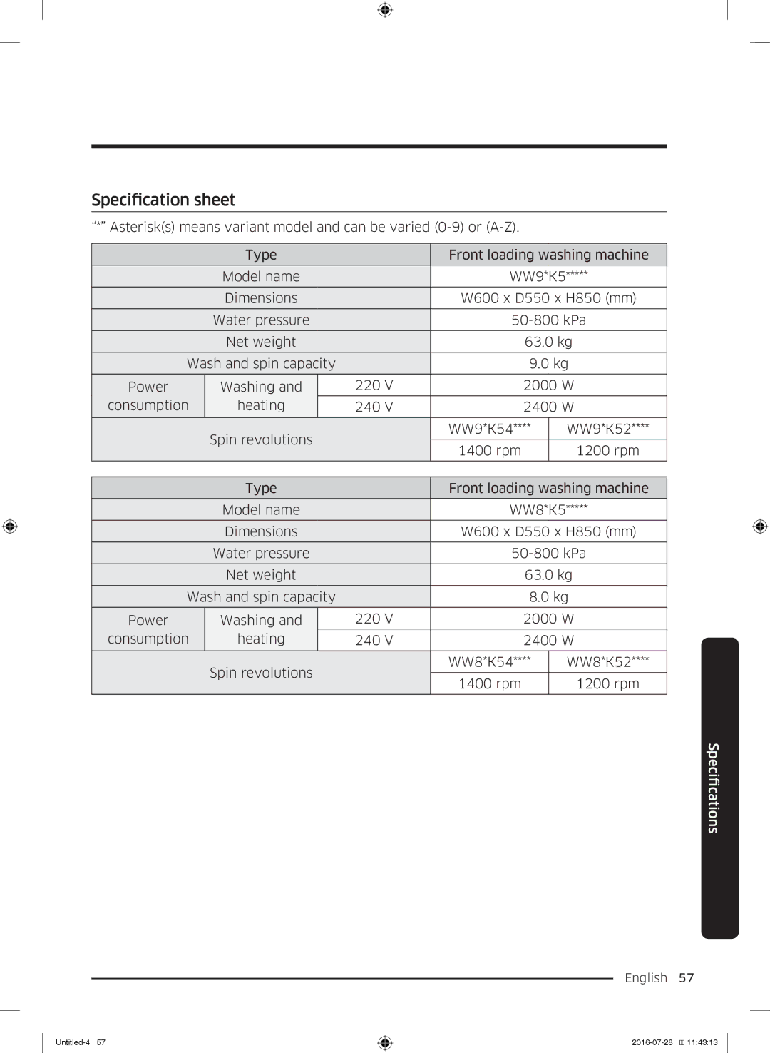 Samsung WW80K5410UW/EU, WW8SK5410UW/KJ, WW90K5410UW/KJ, WW90K5410UW/EU, WW9SK5410UW/KJ, WW80K5410UW/KJ Specification sheet 