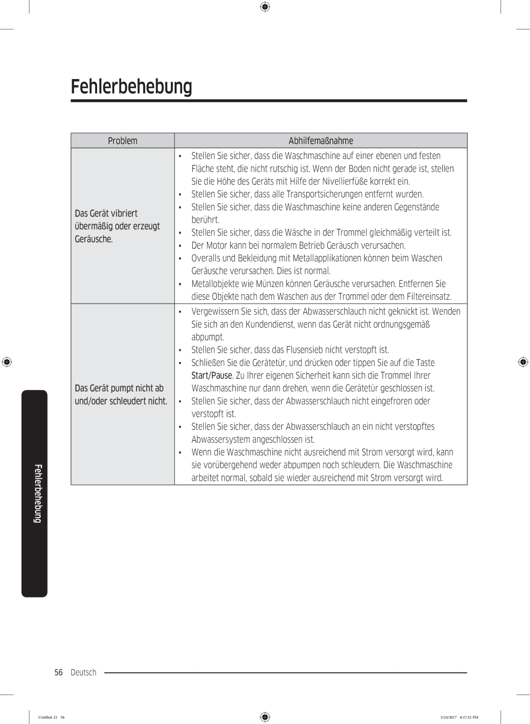 Samsung WW8TK6404QW/EG Problem Abhilfemaßnahme, Das Gerät vibriert, Berührt, Übermäßig oder erzeugt, Geräusche, Abpumpt 